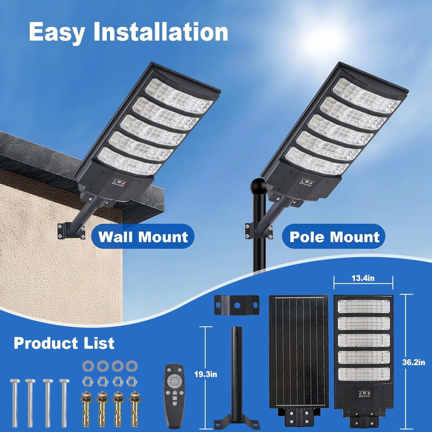 6000W Solar Street Light Outdoor, YACAISI 8500K Super Bright Commercial Parking Lot Dusk to Dawn Waterproof Lights, LED Solar Security Motion Sensor Lamps for Court, Garage, Yard, Road image number 2