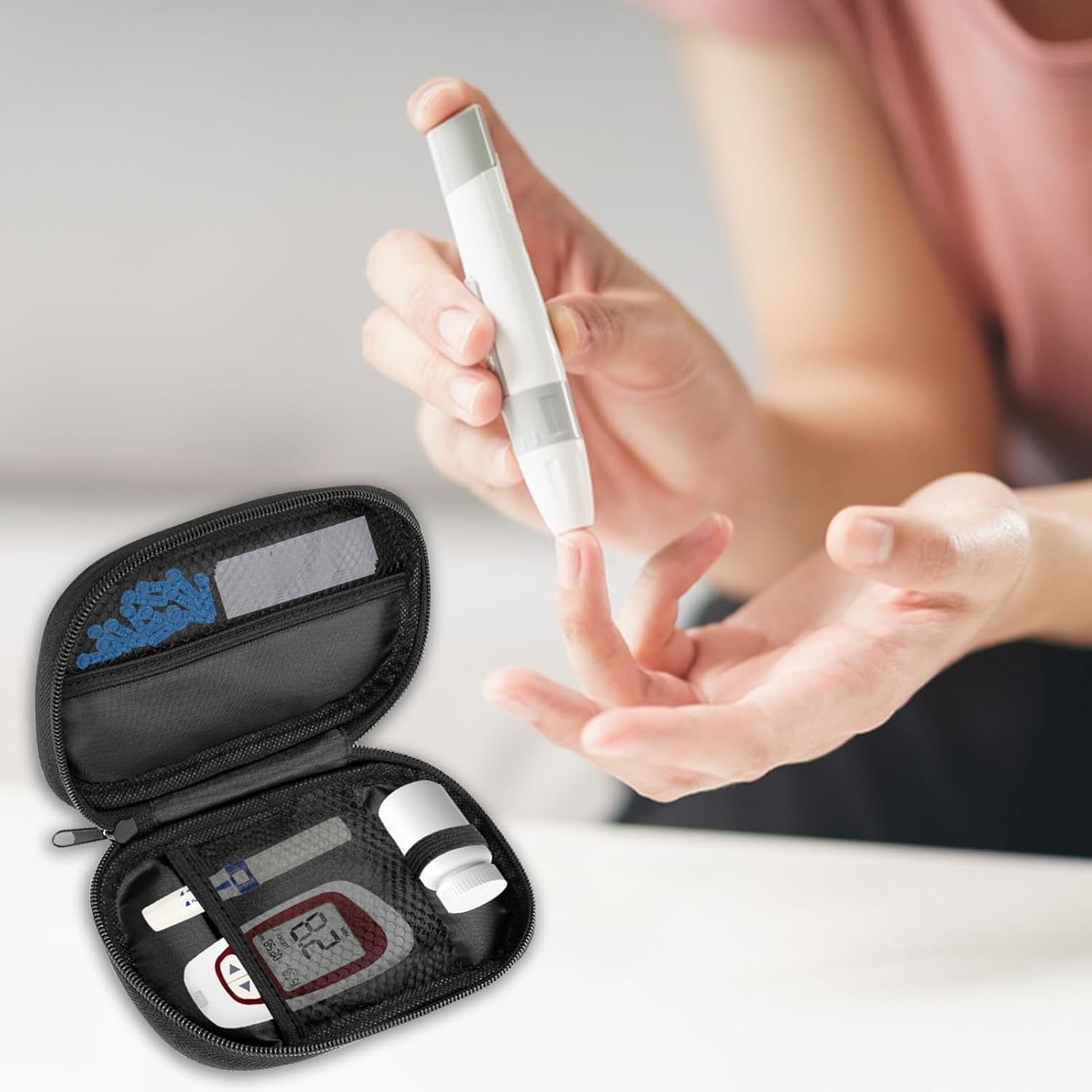 Diabetes Testing Kit Travel Organizer - Water-Resistant Oxford Fabric Storage Pouch with Mesh Compartments for Glucose Meter Lancets Test Strips Medical Supplies Portable Diabetic Essentials Carrier image number 2