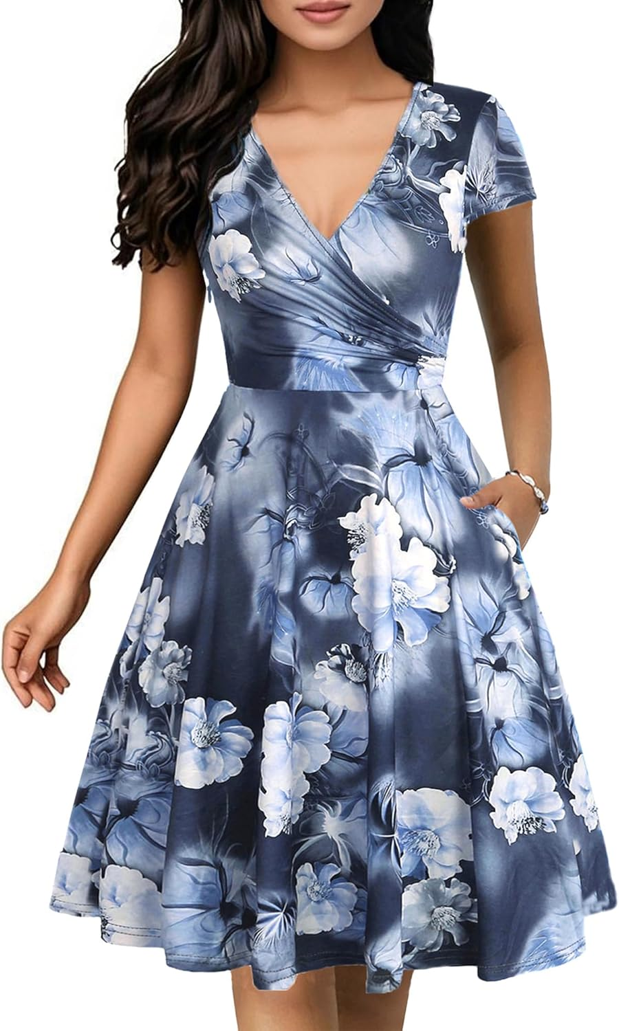 Oxiuly Women'S 2025 Chic V Neck Floral Casual Midi Dress with Pockets Maternity Clothes Nursing Dresses image number 2