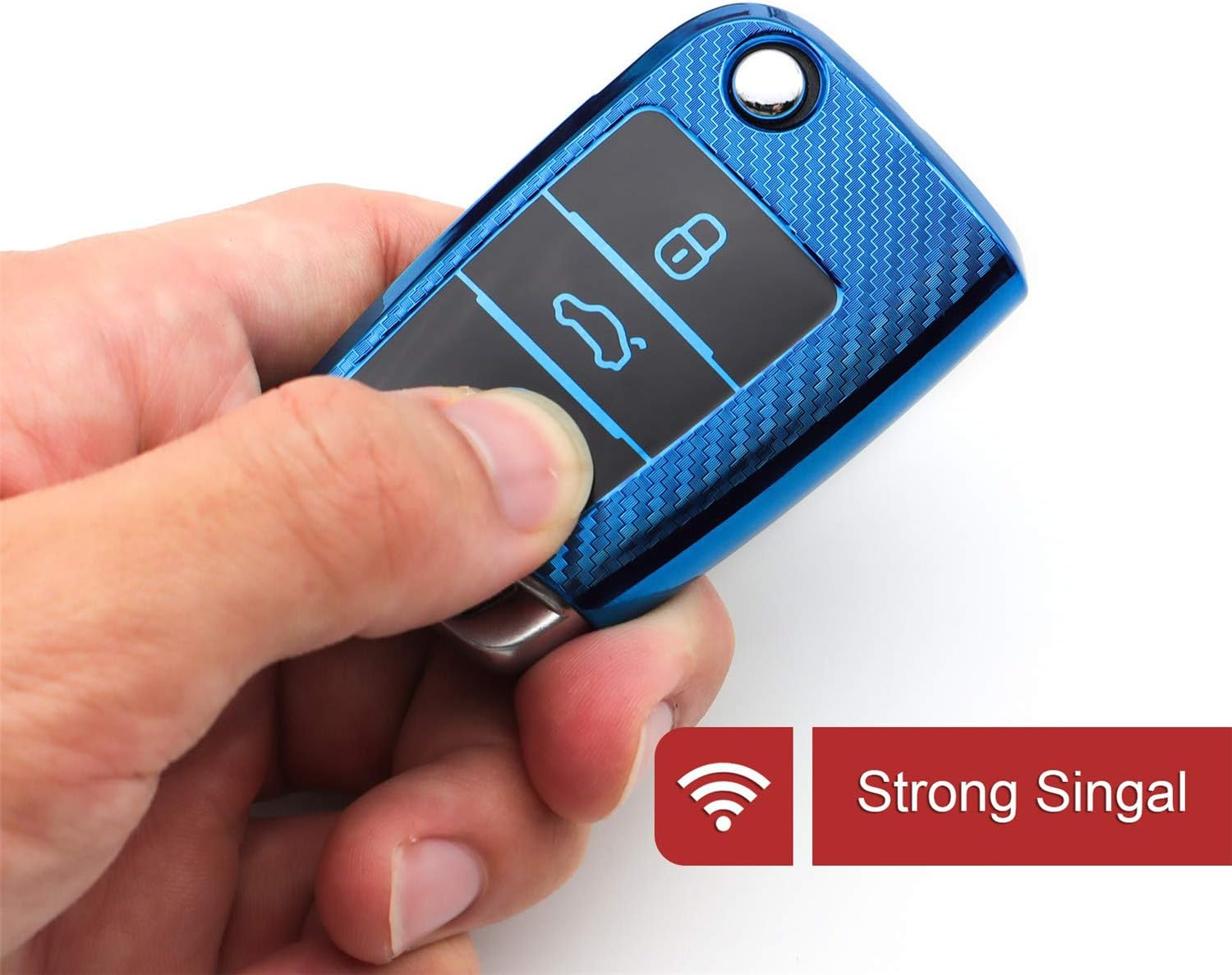 M.Jvisun Soft Carbon Fiber Finish Car Key Fob Cover for Volkswagen Atlas Golf Jetta Polo for Tiguan for Skoda Kodiaq Karoq for Audi A1 for Seat Ateca Leon Flip Key TPU Case with Keychain - Blue