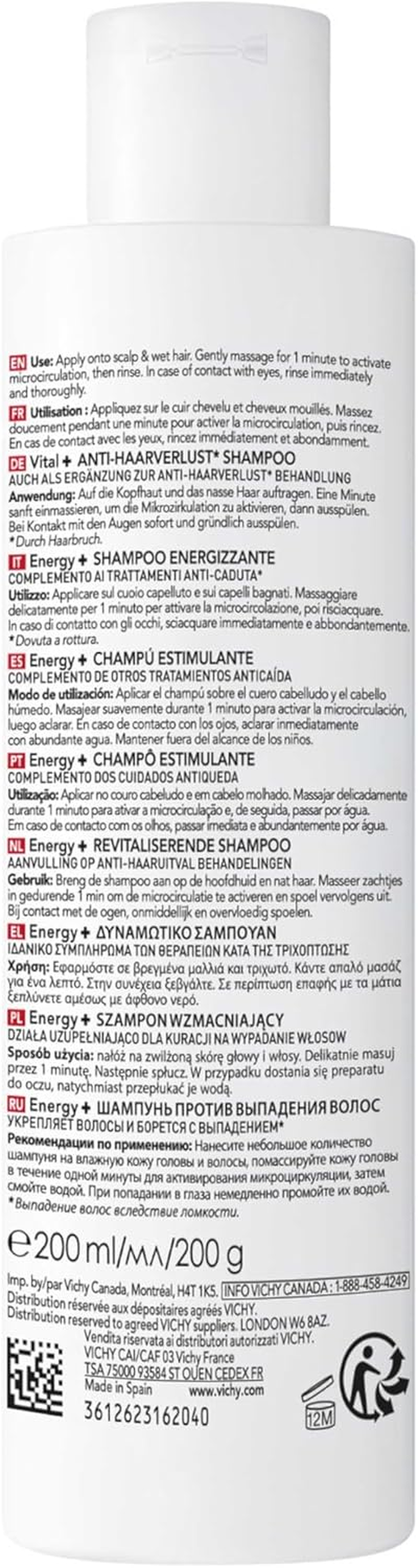 Vichy Dercos Stimulating Shampoo Complements anti Hair Loss Treatments 200Ml, for Thinning Hair, Hypoallergenic Formula Tested on Sensitive Scalp, Energy plus Aminexil + Niacinamide + Amino Acid + Ceramides image number 2