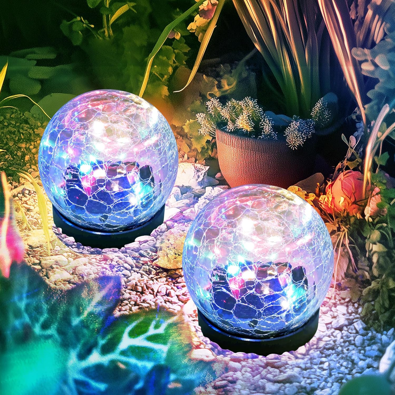 PATIOPIA Solar Lights Outdoor for Yard Patio Porch, Garden Decor Birthday Gifts for Mom Women, Solar Globe Lights Waterproof Cracked Glass Ball Outdoor Decorations Balcony Backyard (2 Pack Multicolor)