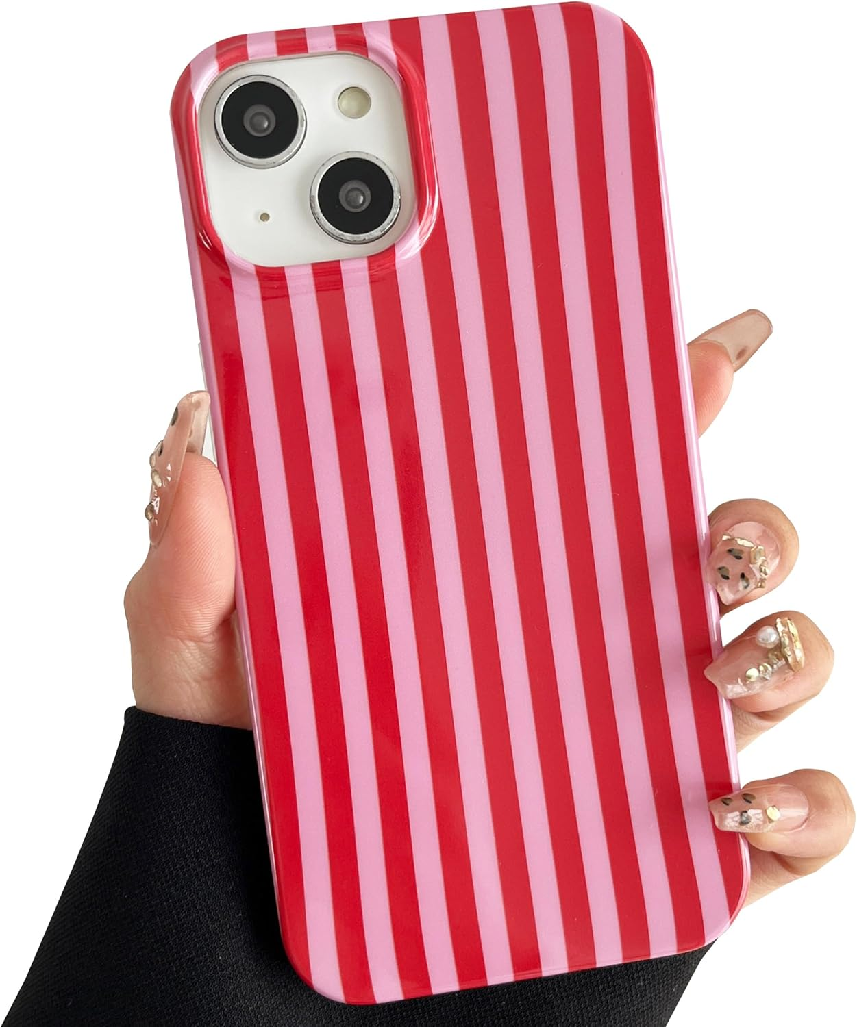 TQLGY for Iphone 13 Case Cute Striped Phone Case Soft TPU Slim Shockproof Protective Cover for Women Girls, Red and Pink image number 4