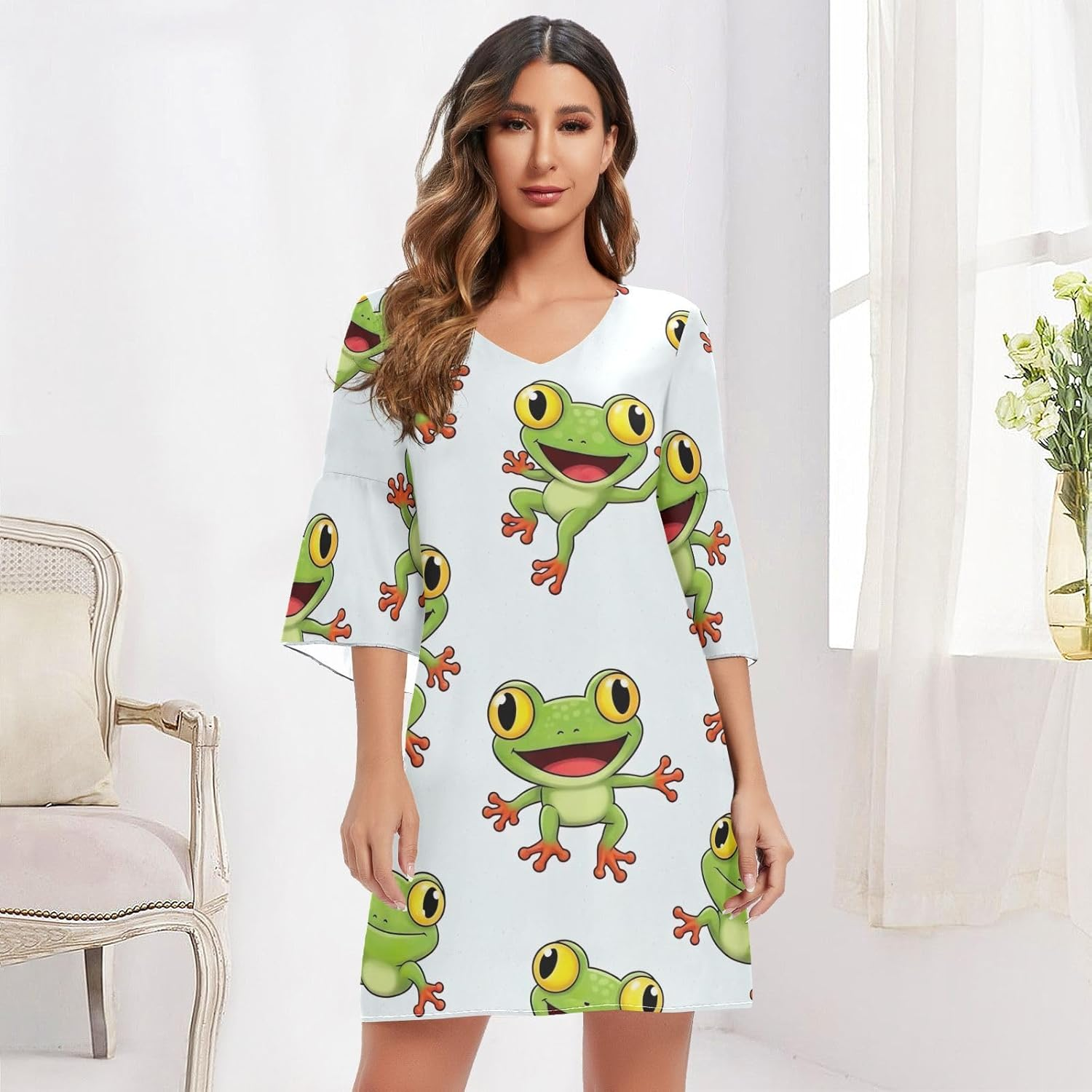 Cute Frogs White Chiffon Dress Printed Line Maternity Dress