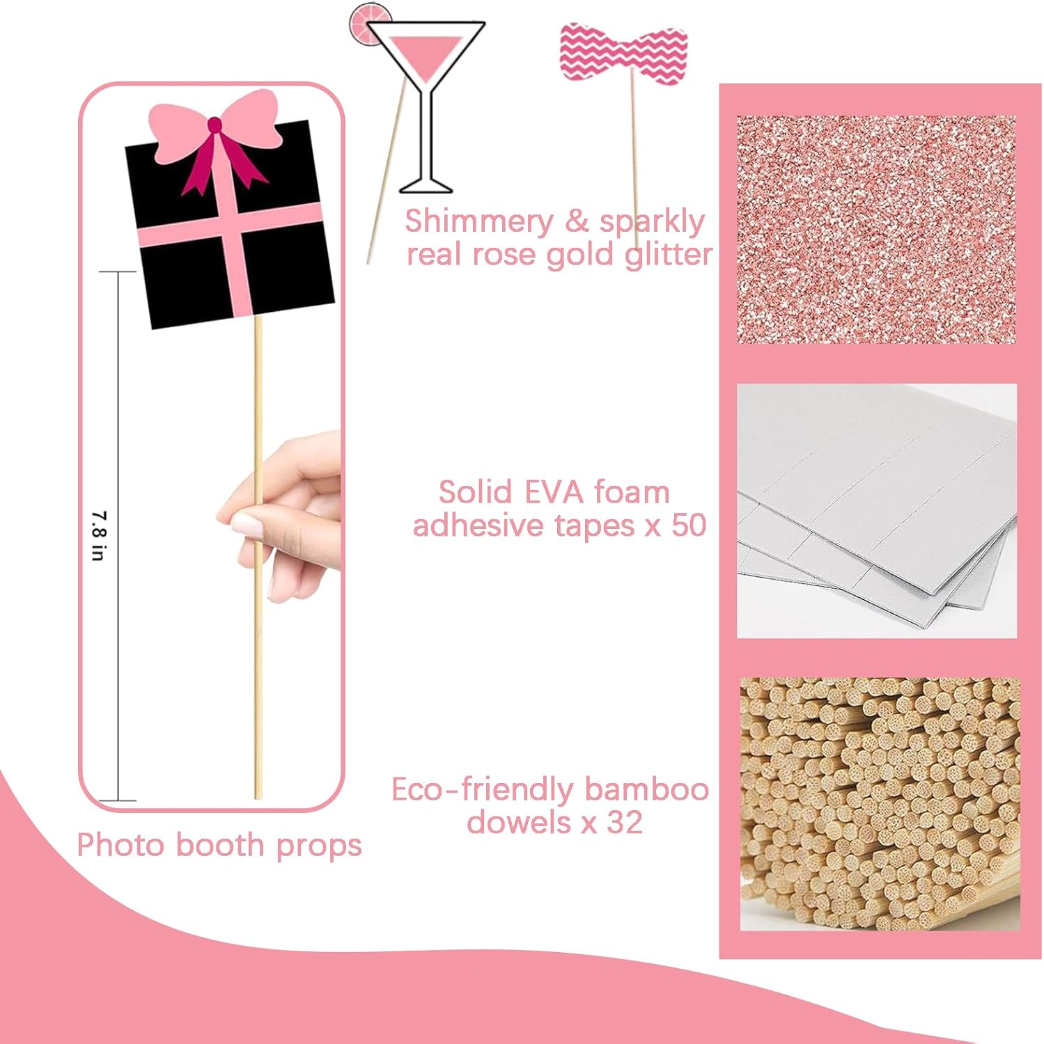 Jeyzuroa 30 Pieces Birthday Photo Booth Props Kit - Happy Birthday Party Favors Supplies & Decorations for Women and Girls' Birthday Party, Set with Real Glitter Cute, Easy to Assemble (Rose Gold) image number 1