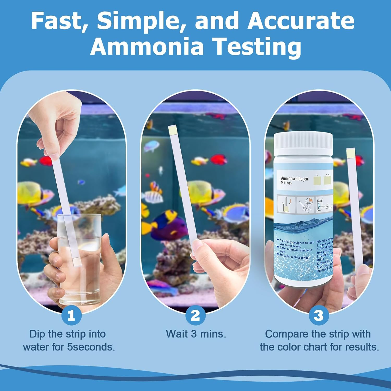 Ammonia Test Strips for Fish Tank, 50 Count Aquarium Test Strips for Saltwater & Freshwater Aquariums & Ponds, Ammonia Test Kit image number 3
