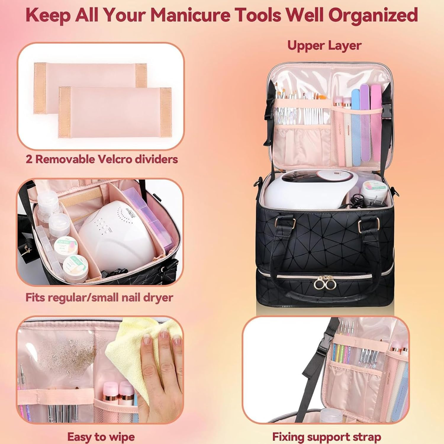 Nail Polish Organizer Bag, 3 Layers Storage Bag Holds 84 Bottles and One Nail Lamp, Large Shoulder Bag for Manicure Tools, Geometric Pattern, Nail Polish Organizer Bag