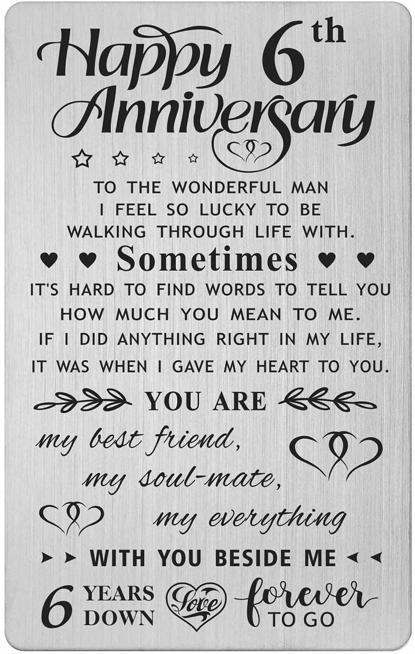 6Th Wedding Anniversary Card Gifts for Him Husband, Happy 6 Year Anniversary Card Presents, Metal Engraved Wallet Card image number 4
