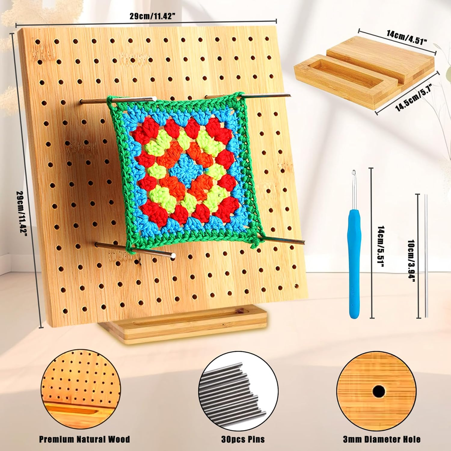Crochet Blocking Board, 11.4"/29Cm Bamboo Wooden Blocking Board with 30Pcs Steel Pins and 1 Crochet Hook Crochet Projects for Knitting, Granny Square Blocking Board Gifts for Grandmother Mothers