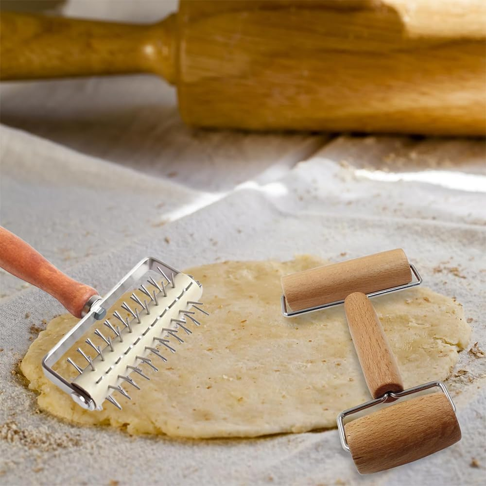 Dough Roller & Dough Docker,Baking Roller Pin Set,Hole Maker Puncher Rolling Pin Set,Baking Tools,Dough Cutter and Pin,For Pizza, Cookie, Pie, Pastry, Bread, Crust image number 5