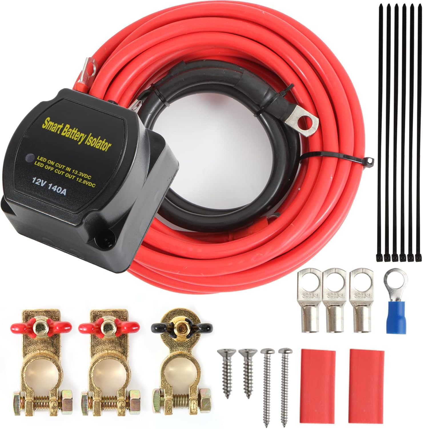 Battery Isolator Kit 12V 140Amp Split Charge Relay with 20Ft 6AWG Wiring Cable, Automatic Dual Battery Isolator Kit Voltage Sense Relay for Marine, ATV, UTV, RV, Car image number 4