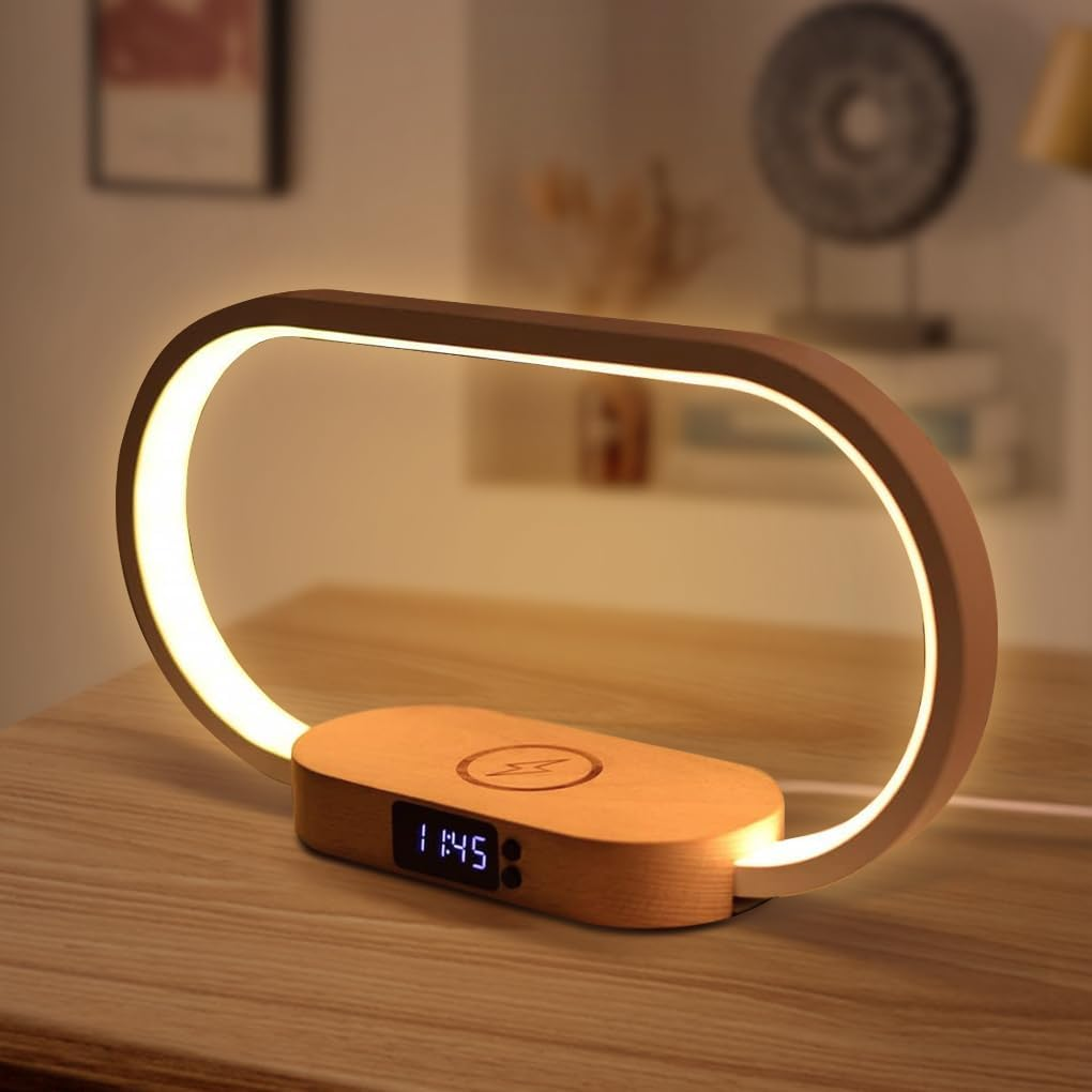 Clora Bedside Table Lamp with 10W Wireless Charger, Touch Control Dimmable 3 Color Temperatures LED Nighstand Light with USB Charging Port and Clock for Living Room Bedroom Office Home Decor Gift