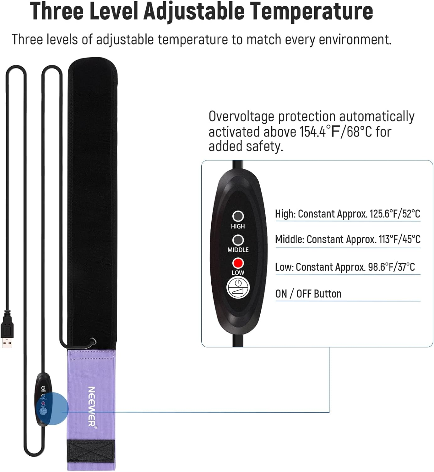 NEEWER USB Lens Heater, 12"/300Mm Lens Warmer with FPC Fast Even Heating Tech for DSLR Camera, Telescope, Astrophotography - 3 Temperature Levels, Prevents Dew/Fog/Condensation, HW-28 image number 5