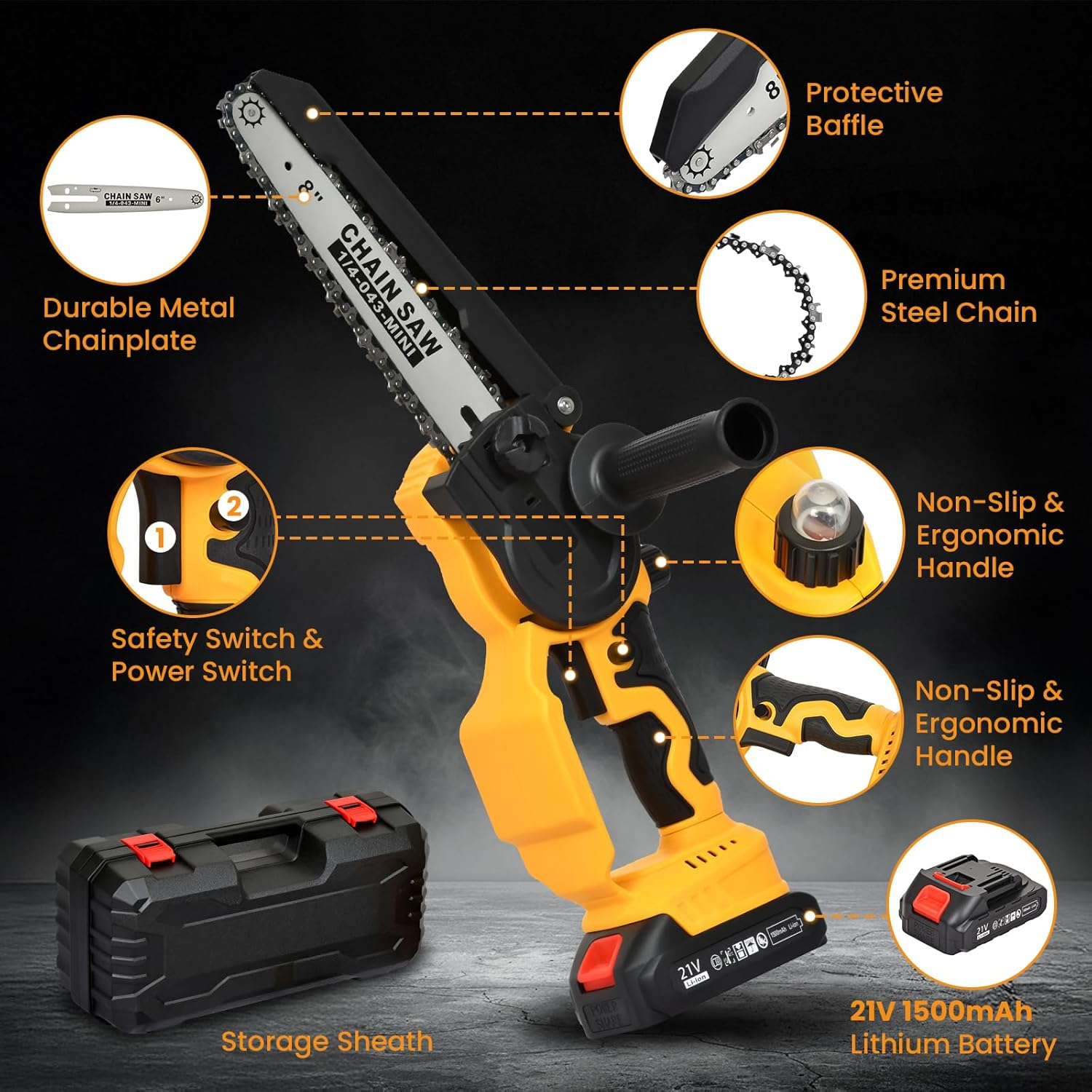 Advwin 6"+8" Mini Chainsaw, Electric Cordless Chain Saw with 2Pcs Batteries, Safety Lock, Portable Handheld Saw Kit for Tree Branches Trimming Wood Cutting Garden Pruning image number 1