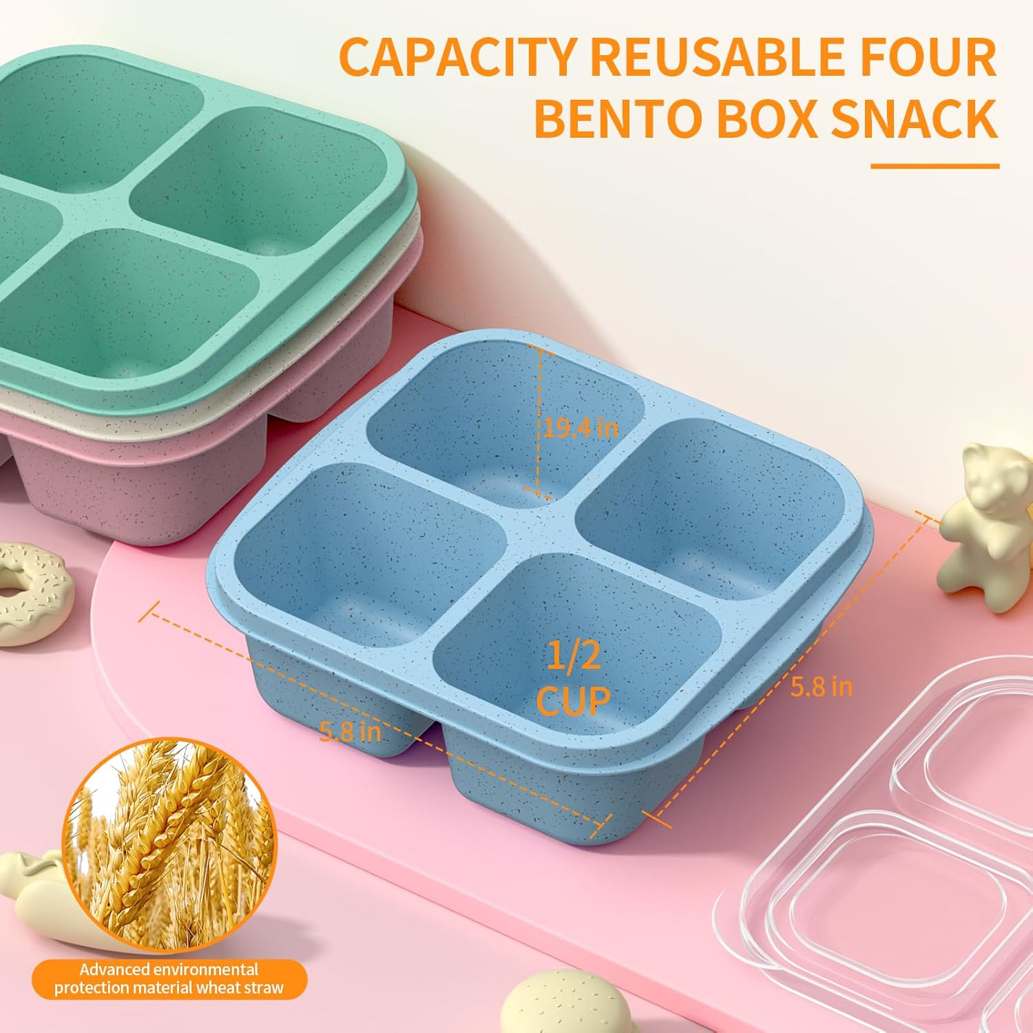 Bento Snack Boxes (4 Pack)- Reusable 4-Compartment Meal Prep Containers for Kids and Adults, Perfect Food Storage School, Compact Stackable (Wheat(Green/Blue/Pk/Beige)) - Green/Blue/Pink/Beige image number 2