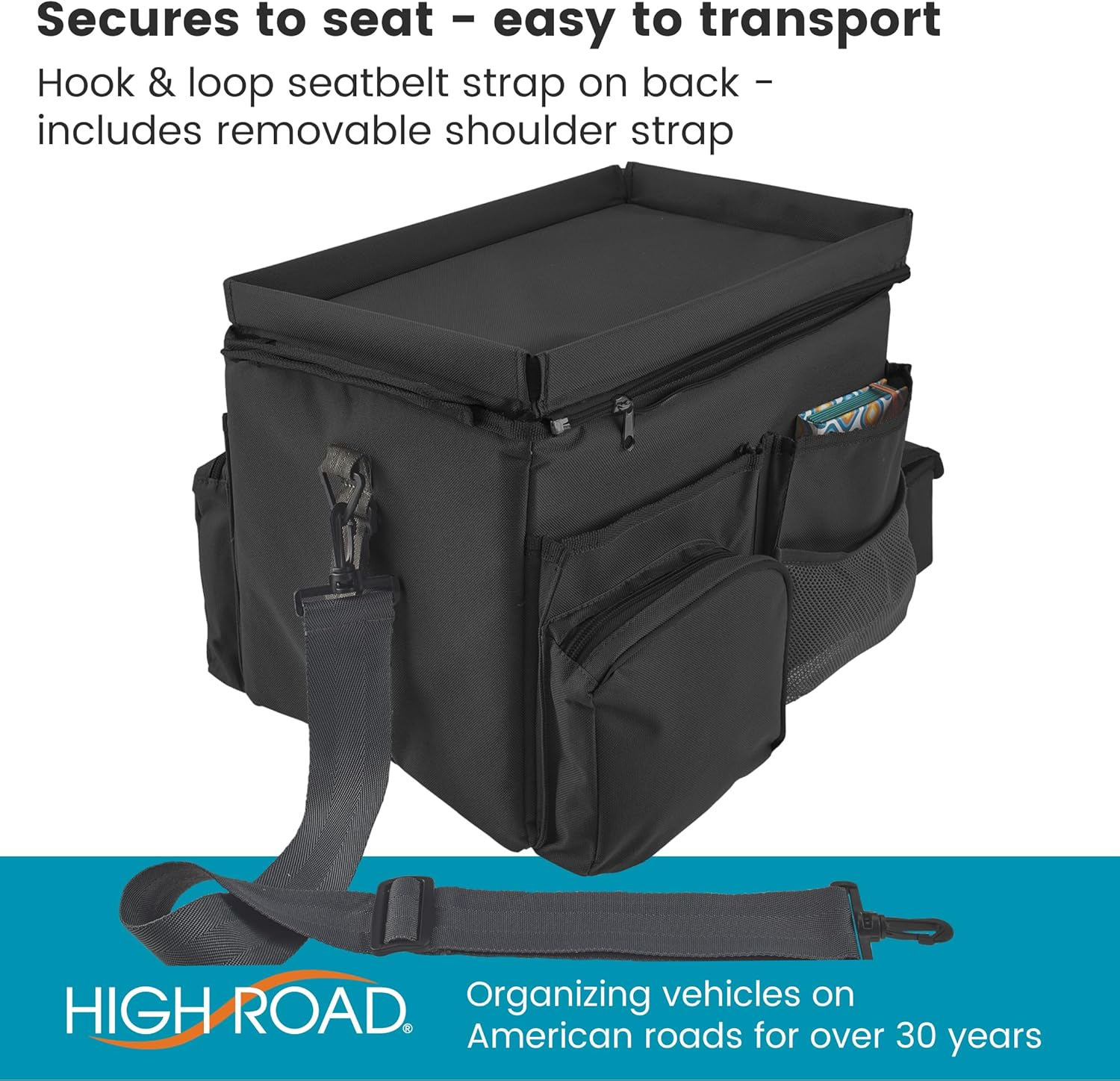 High Road Large Carhop Car Seat Organizer for the Front or Back Seat for Kids and Adults with Cup Holder Tray, Side Pockets and Cooler Compartment image number 4