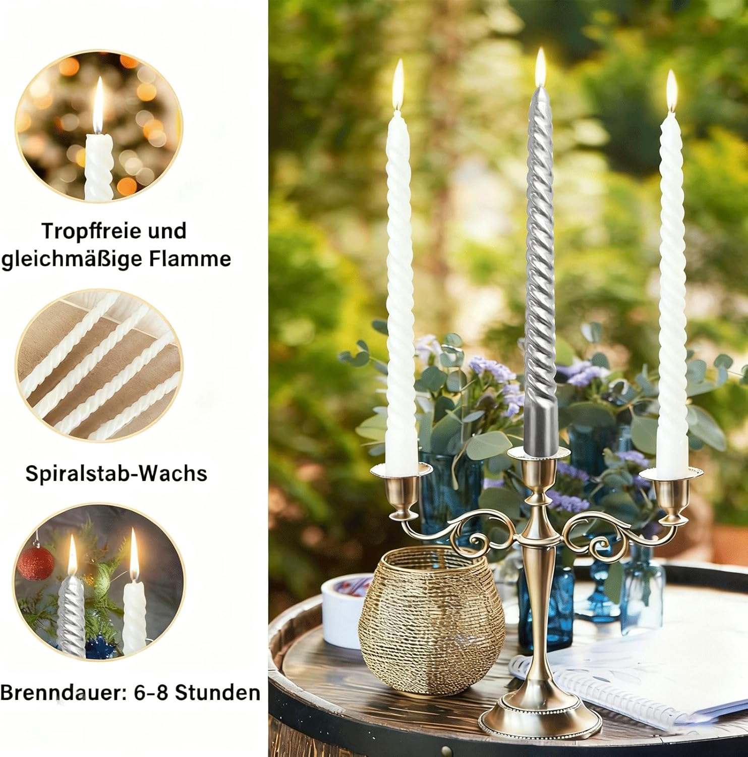 VIKY Pack of 8 Tapered Candles Drip Candles 25 Cm Long - 4 X Silver Candles & 4 X White Candles - Twisted Taper Candles in Silver White for Christmas Decoration, Frosted Winter Decoration, Candle