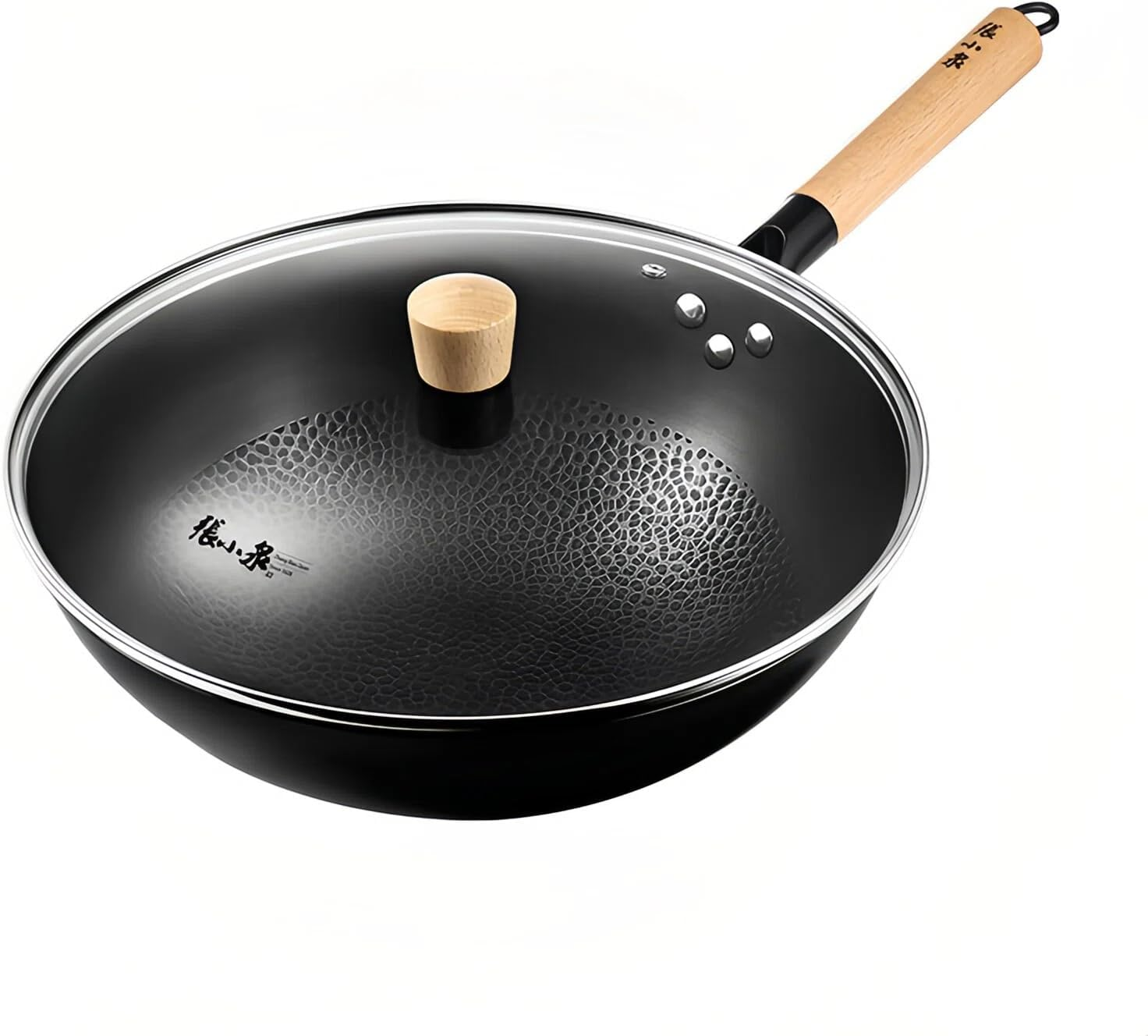 ZHANG XIAO QUAN since 1628 Carbon Steel Wok with Glass Lid - Hammered for Natural Non-Stick, Anti-Rust Nitride Cookware, round Bottom Chinese Wok Pan for Gas Stoves & Stir Fry (30Cm/12) image number 3