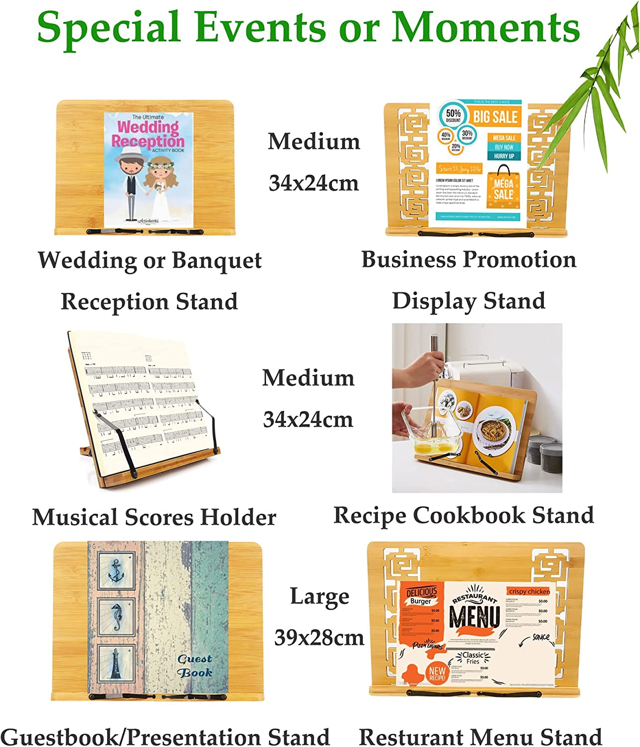 Desktop Bamboo Book Stand with Adjustable Six Angles, Portable Cookbook Stand with Flexible Page Holder Clips, Recipe Stand, Foldable Reading Holder Stand (Medium, Size: 34 X 24 Cm) image number 1