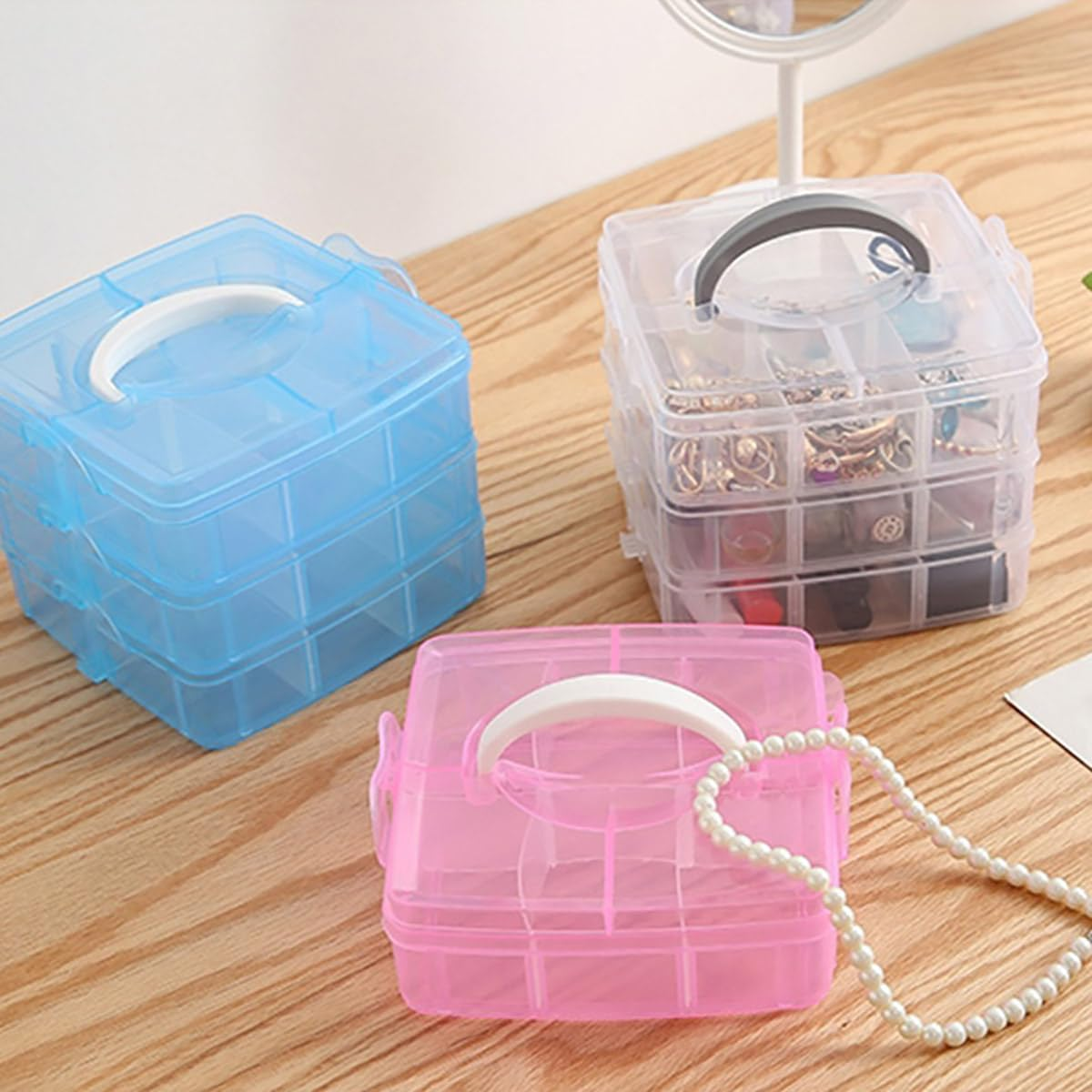 Three-Layer Detachable Transparent Storage Box, 3 Colors, 18 Grids, Plastic Organizer Box for Cosmetics, Jewelry, Craft Supplies, 15X15X12.5Cm - Clear image number 5