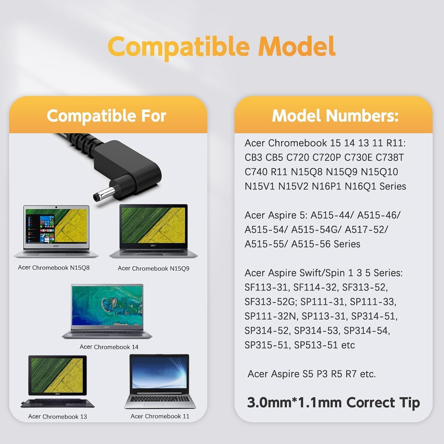 GTGUGR 65W Acer Laptop Charger for Acer Chromebook 11 13 14 15 R11 CB3-131-C3SZ CB3-111-C670 CB5-571-C1DZ C720-2103 CB5-132T-C1LK C730E-C4Ba,Aspire One Cloudbook 11 14 Aspire S5(19V 3.42A) Adapter image number 4