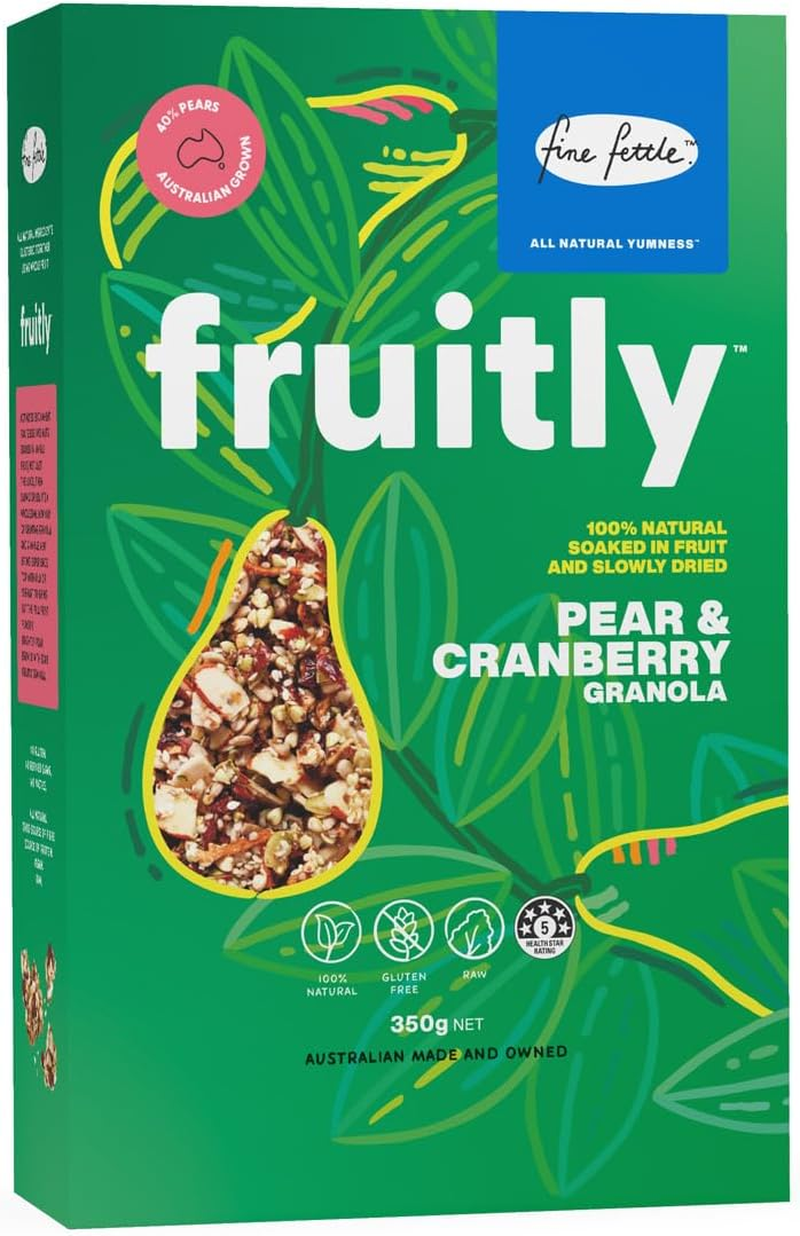 Fine Fettle Fruitly Multi Pack (2 X Apple & Sultana, 2 X Pear & Cranberry, 2 X Orange & Coconut). Gluten Free Granola Cereal - Soaked in Real Fruit and Slowly Dried - Made from Raw Seeds and Nuts