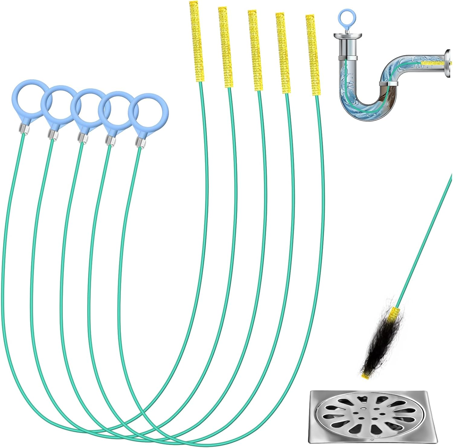 Drain Cleaner Spiral Pack of 5 Pipe Cleaning Spiral Sticks 100 Cm Drain Spiral Hair Catcher Drain Snake Anti-Break Steel Nylon Coating Pipe Cleaning Brush for Kitchen Bathroom Sewers