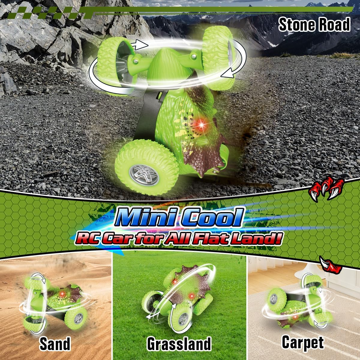 Qizebaby Remote Control Car for Kids，Dinosaur Toys RC Stunt Car，360&deg;Rotating RC Car with Rechargeable，Toy for 3 4 5 6 7 8 9 Year Old Boy Christmas Birthday Toys Gift image number 4