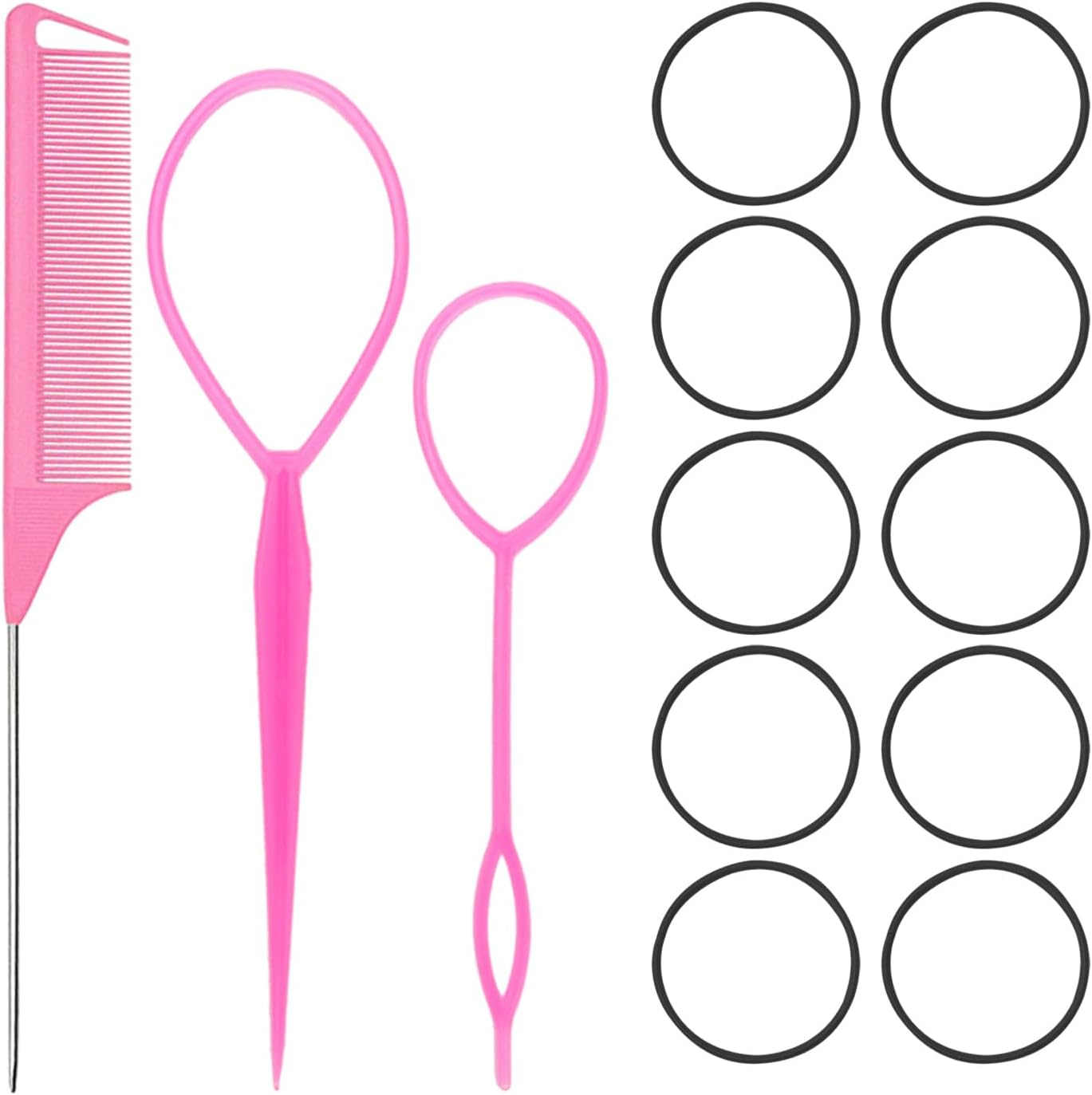 3 Piece Hair Ring Tool Set with 10 Scrunchies, Hair Braiding Tool, Hair Styling Accessories, Hair Looping Tool, DIY Hair Styling Set, Ponytail, Hair Styling Set (Pink) image number 2