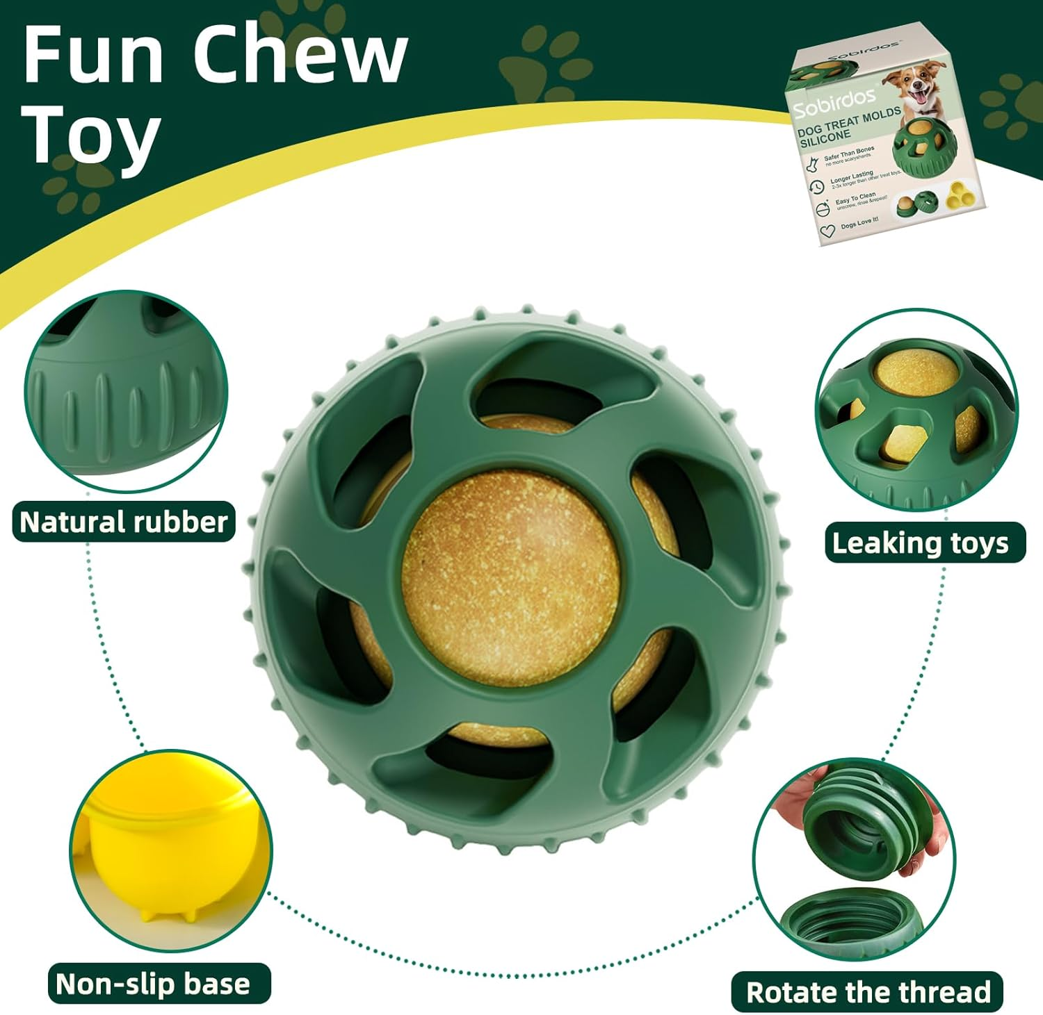 2Pcs Dog Chew Toys with Silicone Tray Mold,Frozen Dog Food Snack Balls,Dog Treat Molds Silicone,Freezable Fillable Rubber Dog Toys,Green Balls and Yellow Molds image number 4