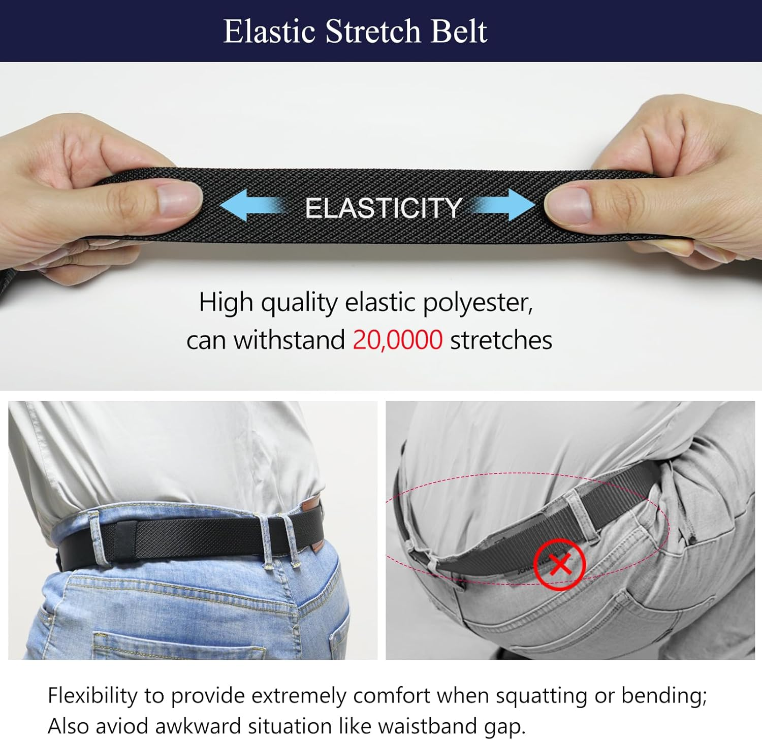 Lionvii Men'S Stretch Ratchet Belt, Elastic Slide Belt for Men with Automatic Buckle for Men Dress, Adjustable Trim to Fit 28-49" Waist - Black image number 2