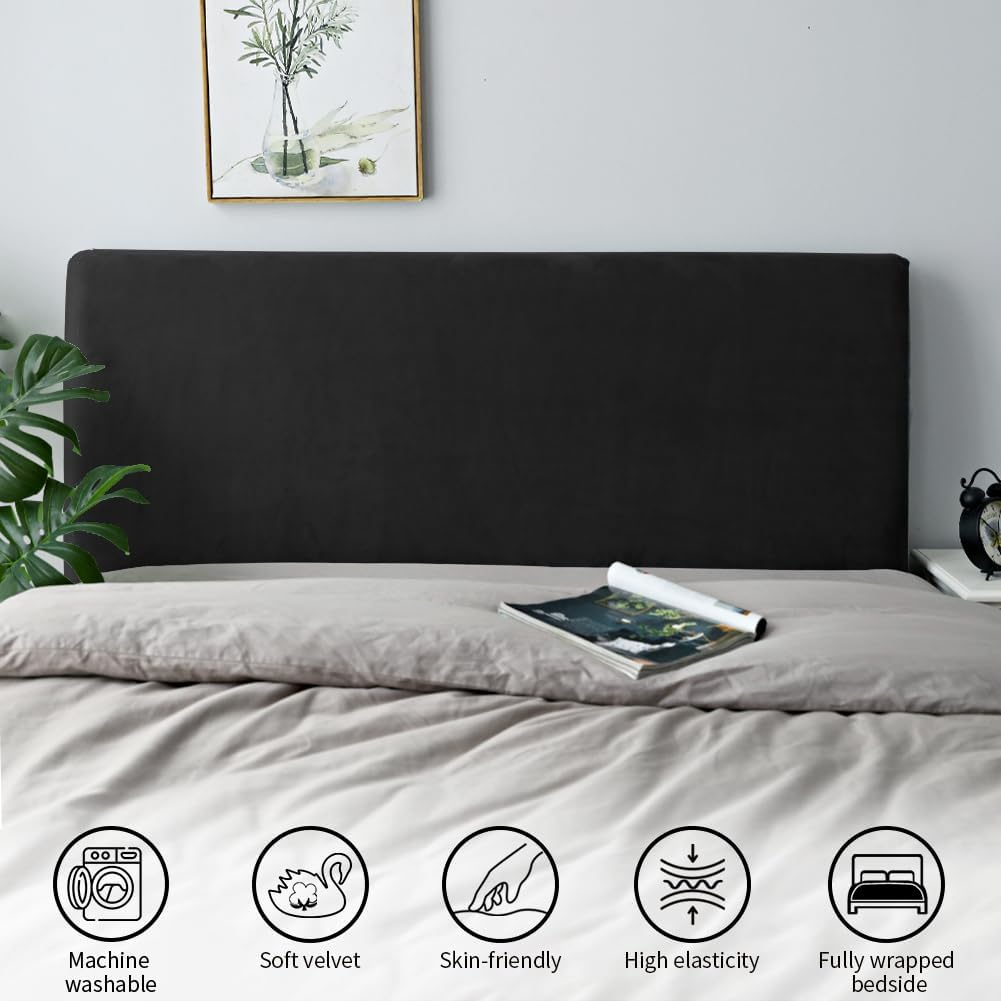 Bed Headboard Protective Cover, Dustproof Protective Cover for Padded Bedroom Headboard, Velvet Fabric (150-170 Cm (Queen), Black) image number 6
