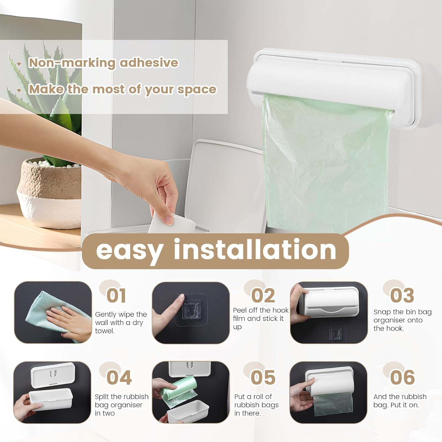 2 PCS Wall Mount Trash Bag Dispenser Roll Holder, Kitchen Garbage Bag Storage Box Roll Holder, Plastic Bag Holder Organizer under Sink (Grey) image number 4