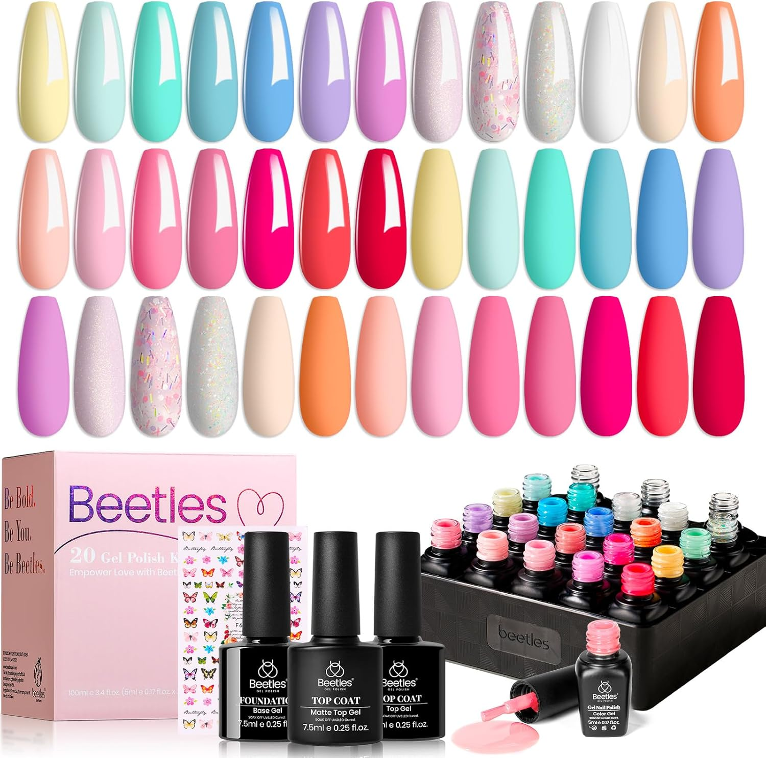 Beetles Pastel Gel Nail Polish Kit with Gel Base and Top Coat - 20Pcs Pastel Macaron Colors Collection, Popular Bright Nail Art Solid Sparkle Glitters Colors image number 2