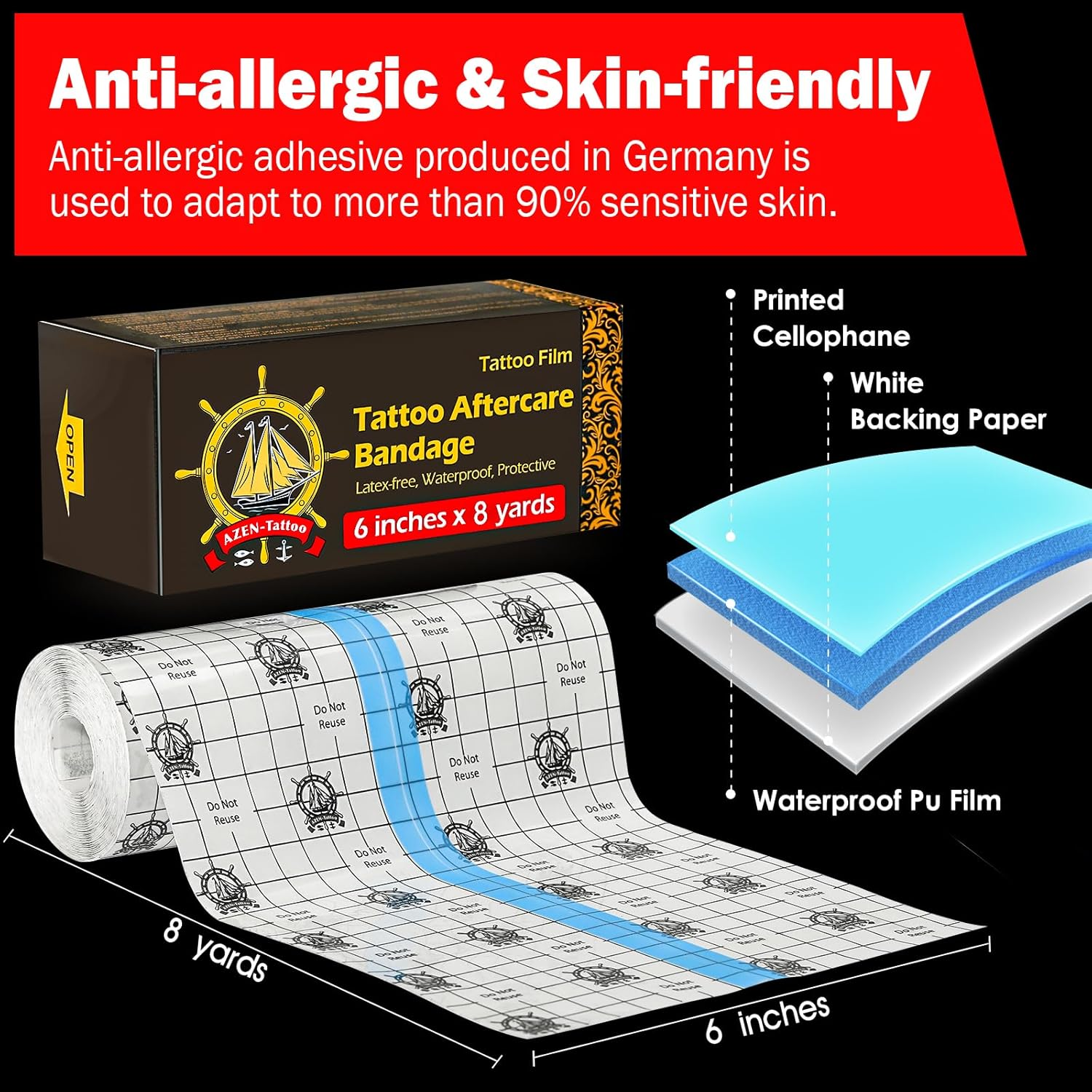 AZEN Tattoo Aftercare Bandage, 6"X 8 Yard, Waterproof Second Skin Cover up Tape, Healing Wrap, Tattoo Supplies image number 1