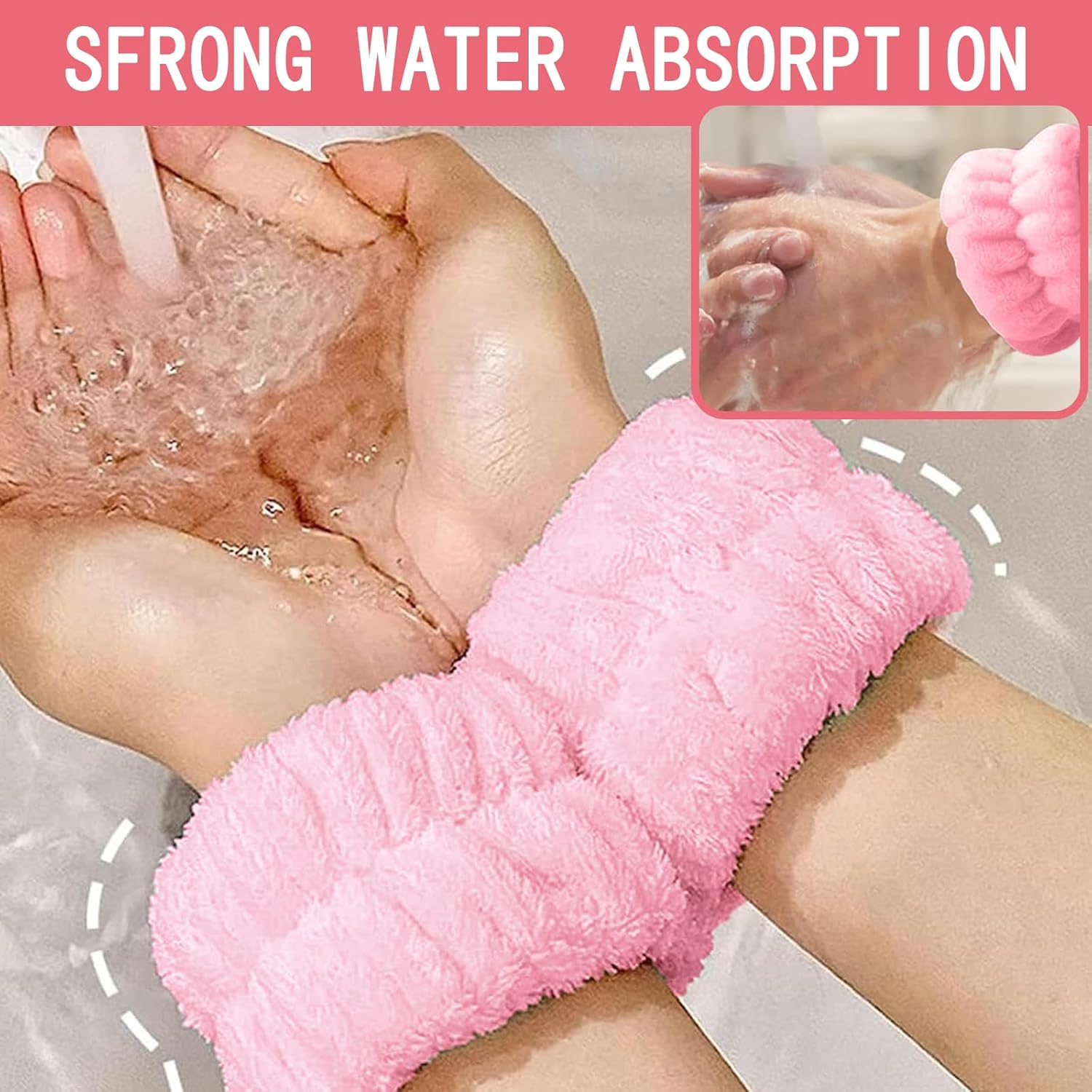 ZWWOGE Set of 4 Hairbands, Cosmetics, Pink Headband for Washing the Face, Skin Care, Headbands, Make-Up Hair Band, Headband, Wrist Wash Band Set for Women, Girls, Sports, Shower, Makeup Removal image number 2