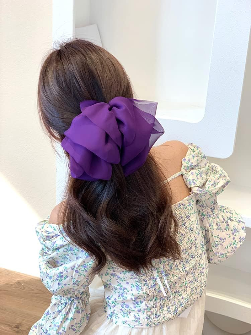 Duories Large Hair Bows Clip Hair Clips for Women Girls Women Chiffon Tulle Bows Hair Bow Large Hair Clips Hair Bow Hair Accessories for Wedding Party Everyday Wear Violet