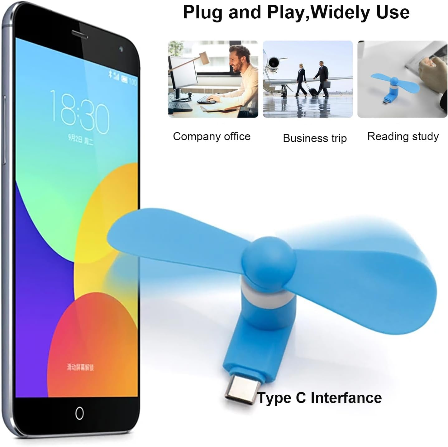 Sokelinn-Six Type C Phone Fan, Mini USB C Cooling Hand Fans Portable Summer Cooler for Ipad Type C Plug Devices-2 Pieces (Blue) - Blue image number 2