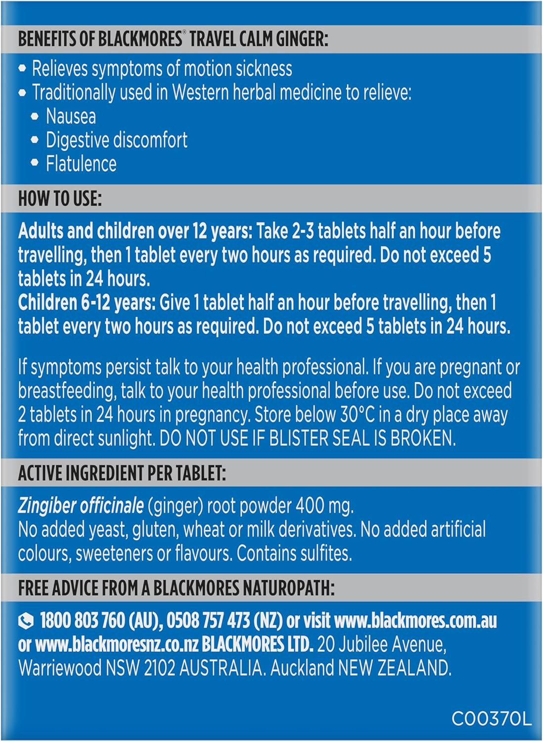 Blackmores Travel Calm Ginger|Relieves Symptoms of Travel & Sea Sickness| Non-Drowsy Formula|45 Tablets image number 3