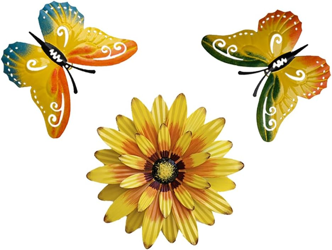 3 Pack Metal Flowers Wall Decor and Butterfly Wall Decor Art -Outdoor Wall Art Decor for Garden Yard Living Room Bedroom Patio Balcony Hanging Decoration,Wall Sculptures for Deck Decor,Porch, Bedroom image number 6