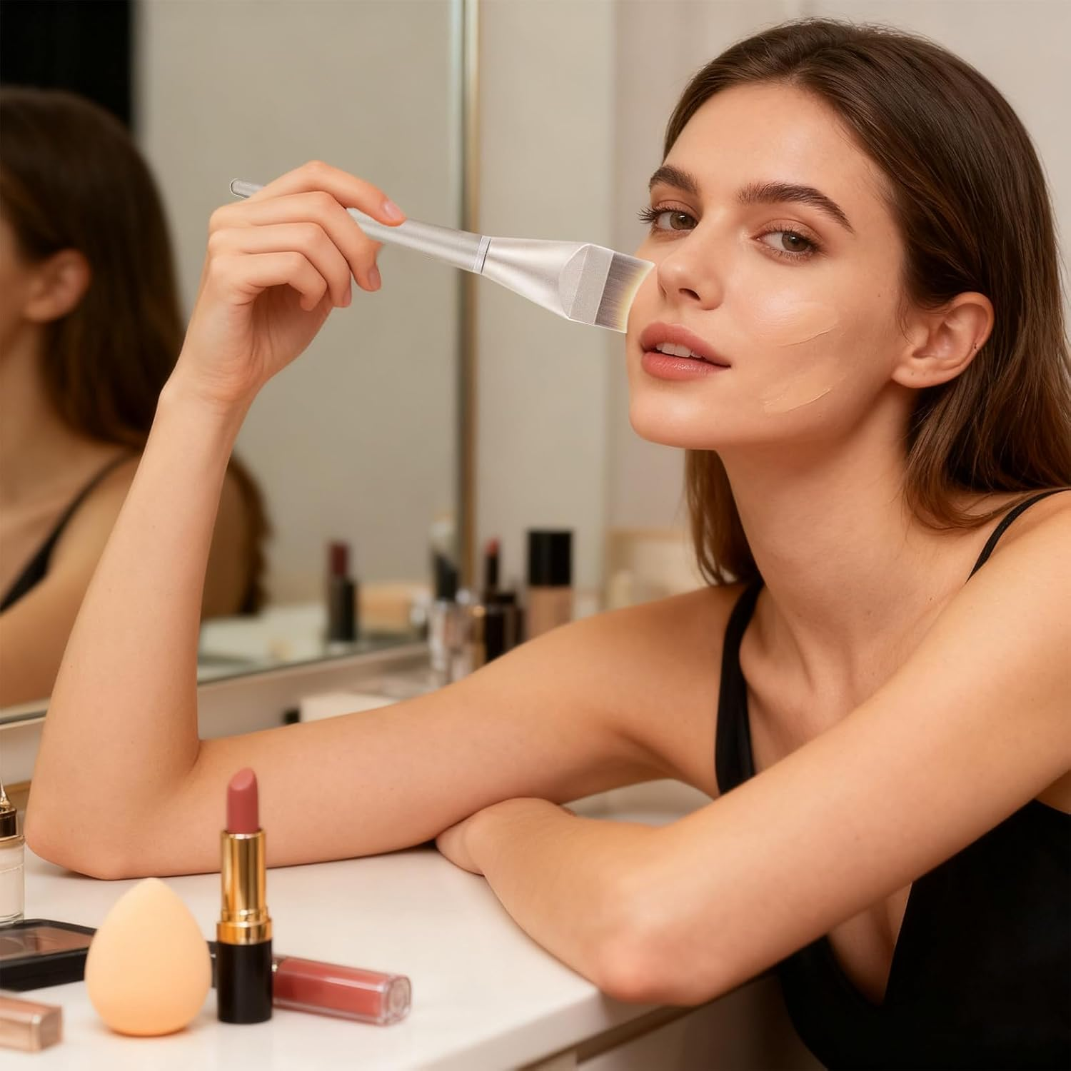 Flat Foundation Brush - Professional Makeup Tool, Synthetic Bristle Cosmetic Applicator (Soft Dense Bristles, Ergonomic Handle Design, Durable Construction) | Perfect Liquid Cream Powder Blending Cont image number 2