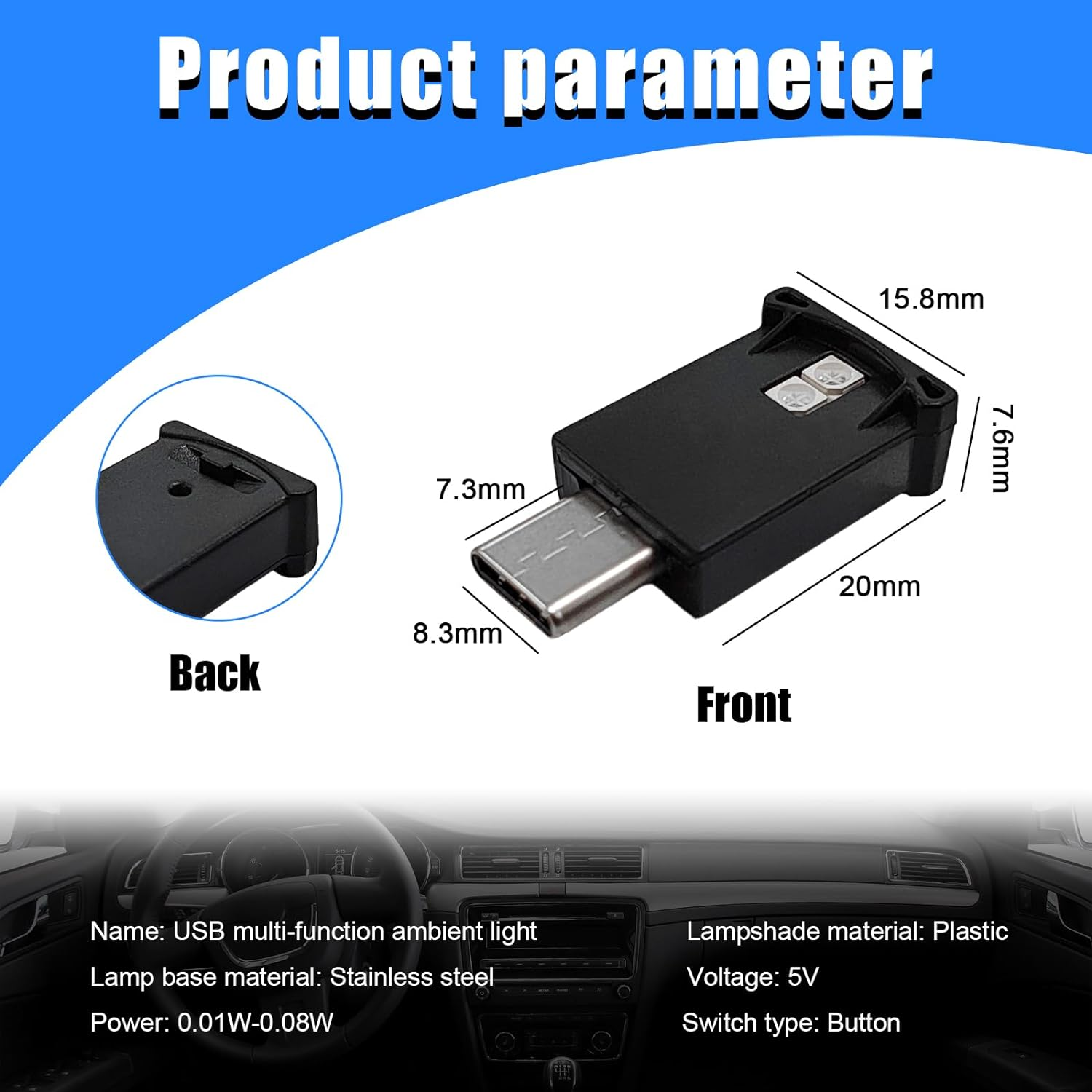 2 PCS USB Type C LED Ambient Light, 8 Colors RGB Dynamic Gradient Brightness Interior Atmosphere Lamp, Mini Adjustable Car Accessories Replace Lighting Parts for Home Laptop image number 4