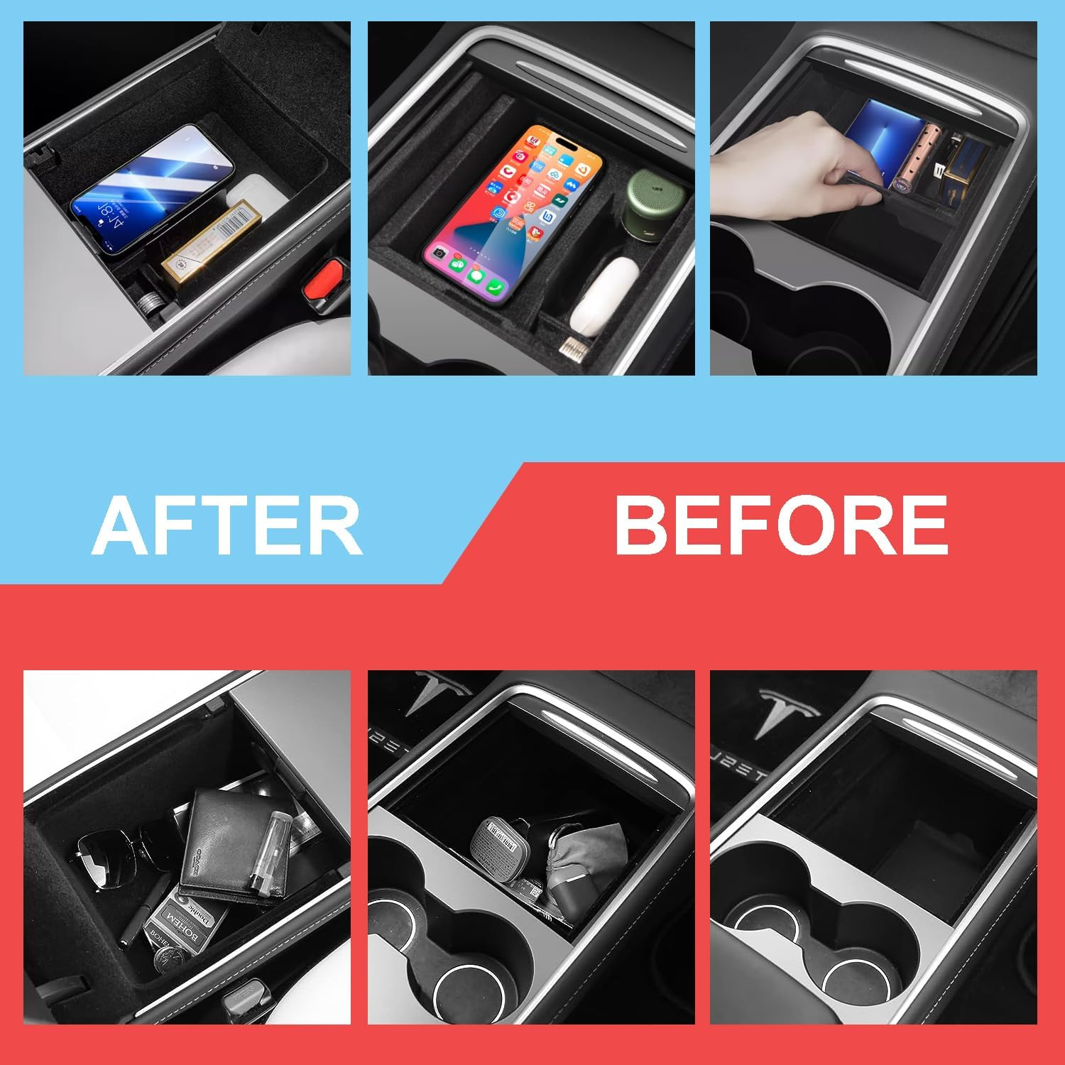 Yotsuba 4-Pack Center Console Organizer Tray Compatible for Tesla Model 3 Model Y Accessories 2021-2025 April, 1PC Armrest Hidden Cubby, 2PCS Flocked Drawer Storage Boxes, 1PC Silicone Cup Holder image number 3