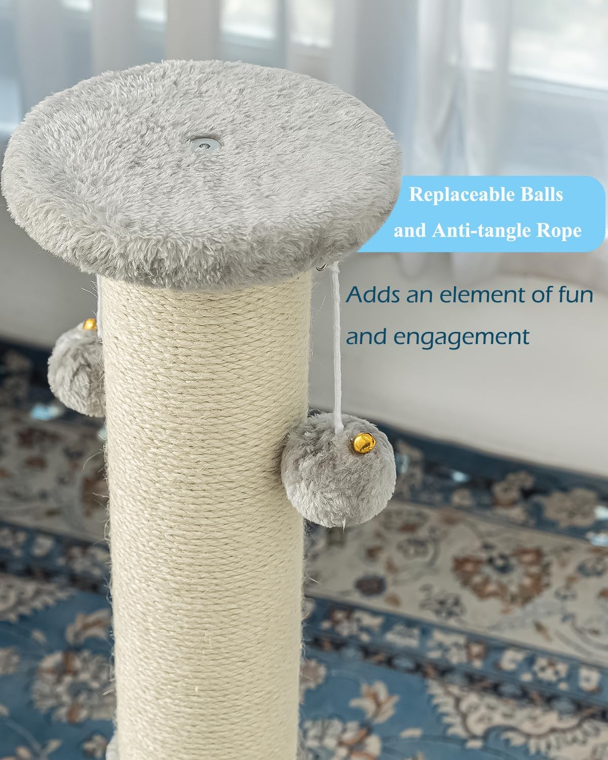 Kilodor 34Inch Tall Cat Scratching Post,4.3Inch Diameter Large Sisal Cat Scratch Post with Ball, Sturdy and Durable Cat Scratcher for Indoor Cats Adults Grey - Black image number 2