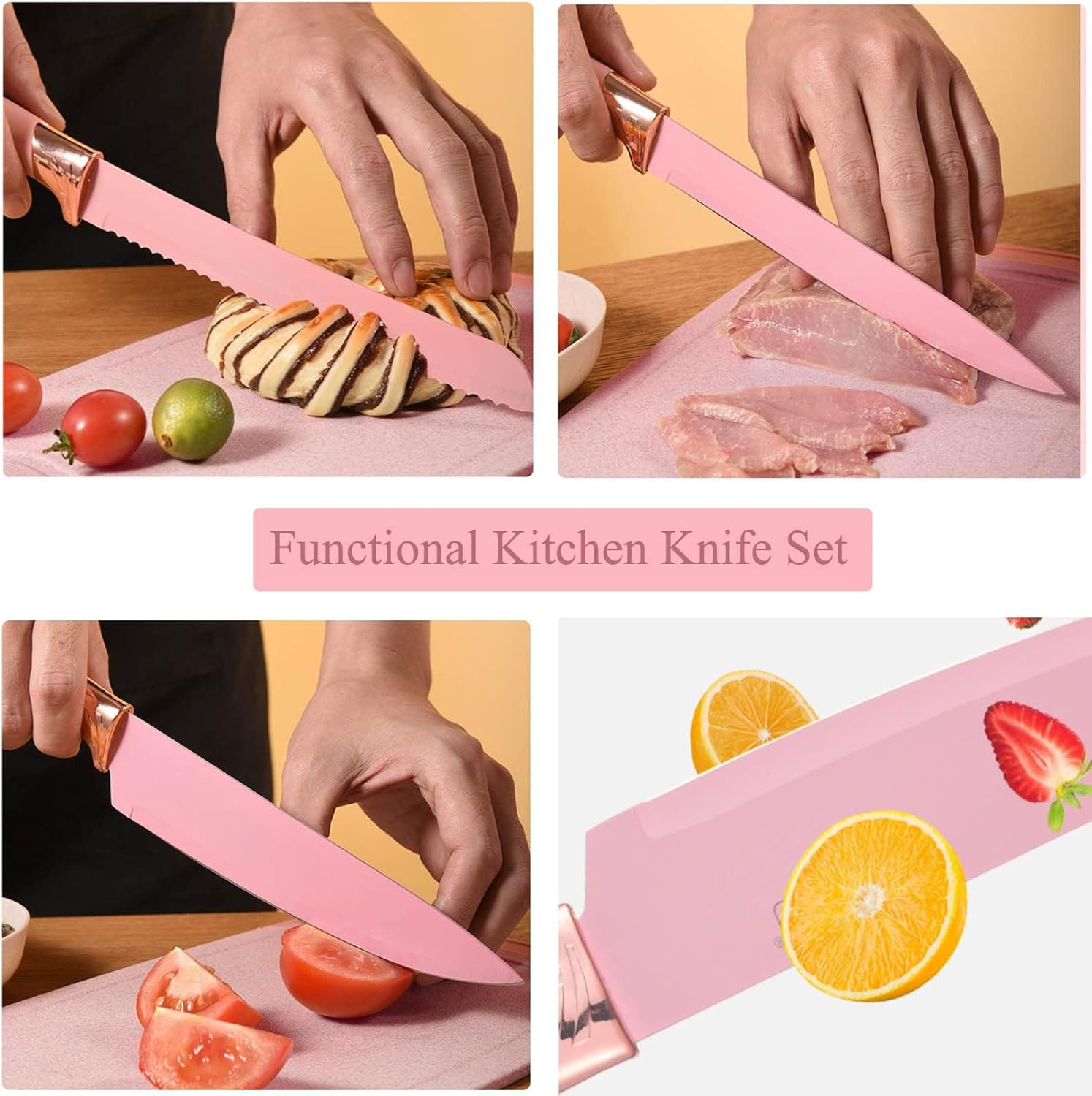 Kitchen Knife Set with Block, Retrosohoo Pink 19PC Silicone Kitchen Utensil Set and Stainless Steel Knife Set, Non-Stick Sharp Chef Knife and Cooking Utensils Set for Women Family (Pink)