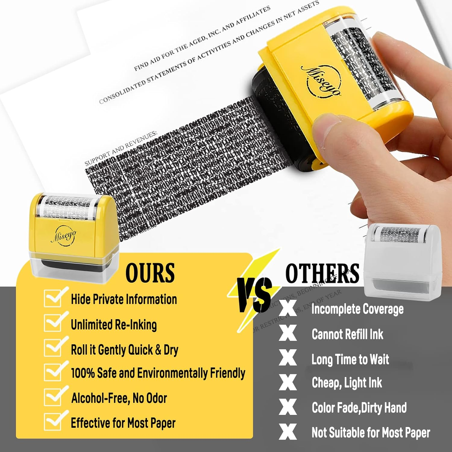 Miseyo Wide Identity Theft Protection Roller Stamp - Yellow (3 Refill Ink Included)