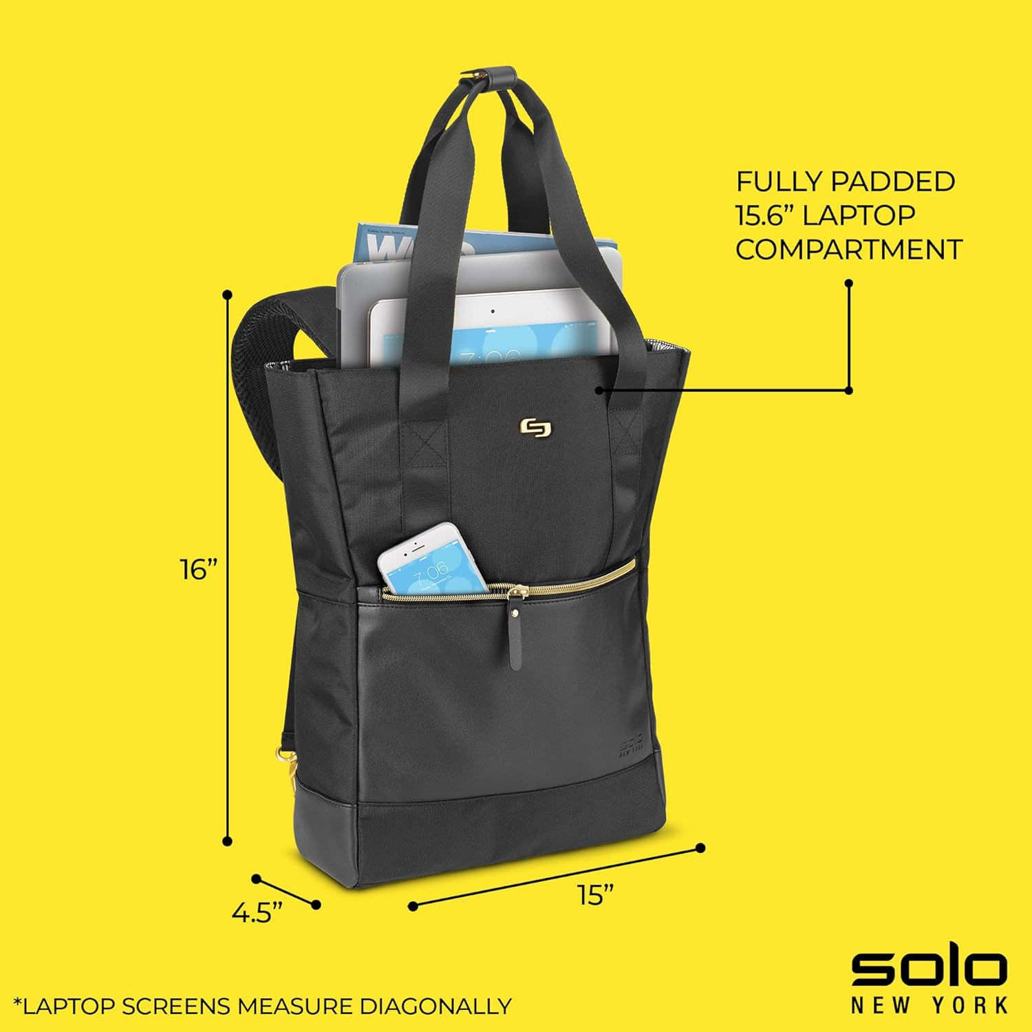 Solo Parker Hybrid 15.6 Inch Laptop Backpack Tote, Black, Black/Gold, 16X15X4.5, Ladies Tote Backpack