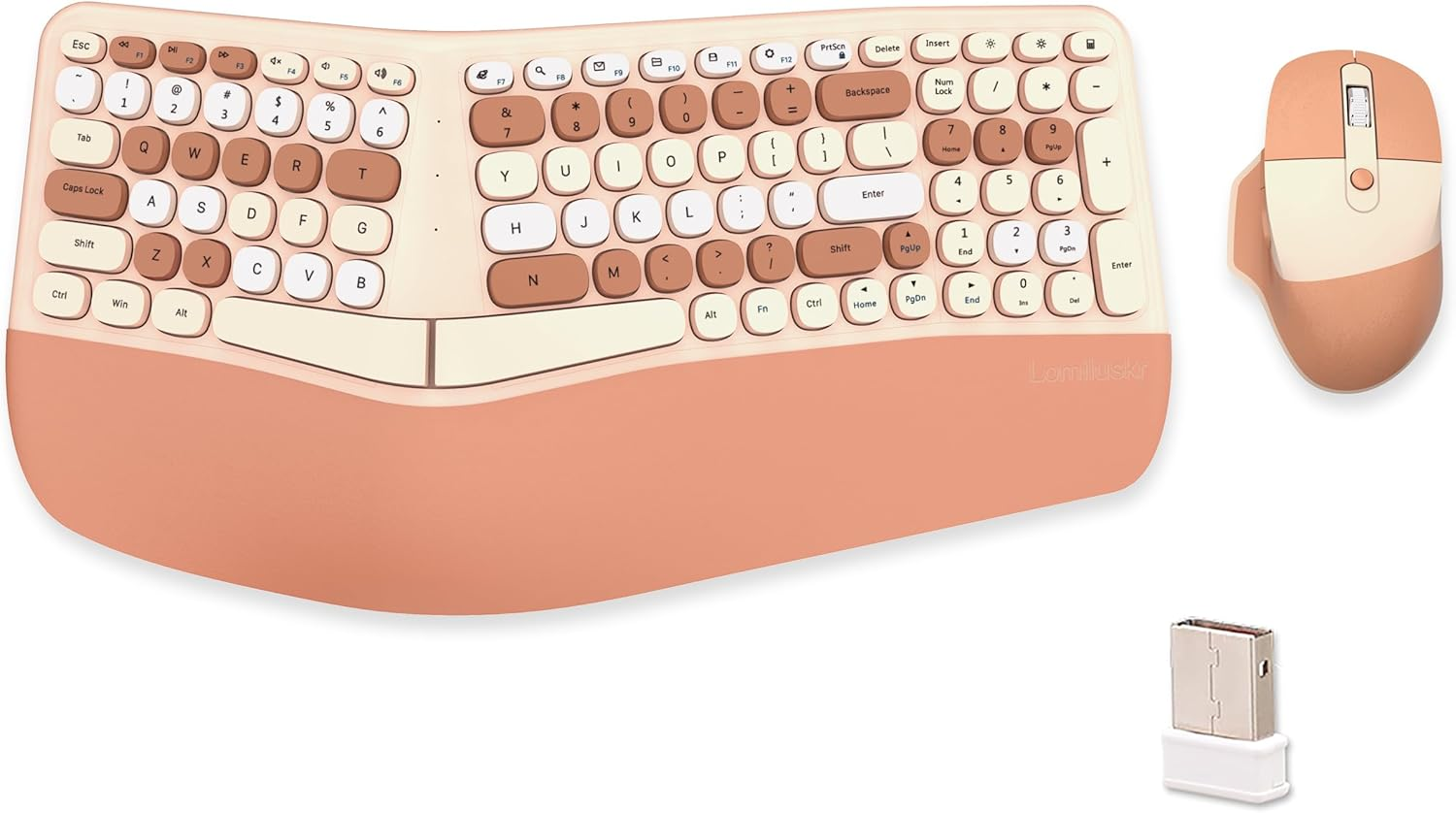 Wireless Ergonomic Keyboard and Mouse Combo, Split Keyboard, Stain-Resistant Comfortable PU Wrist Rest, Natural Typing, 2.4G Connectivity, Compatible with Pc/Laptop (Milk Tea)
