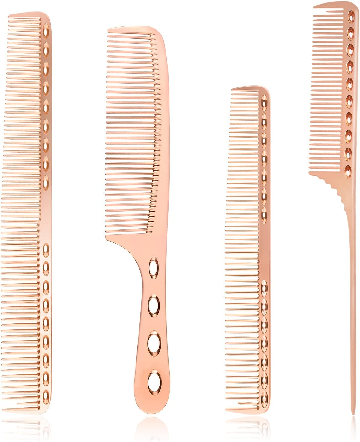 4 Types Metal Comb Set Professional Aluminum Dressing Comb Hair Comb Set for Barber Hair Styling, Included Fine Cutting Comb, Rat Tail Comb, Detangling Comb