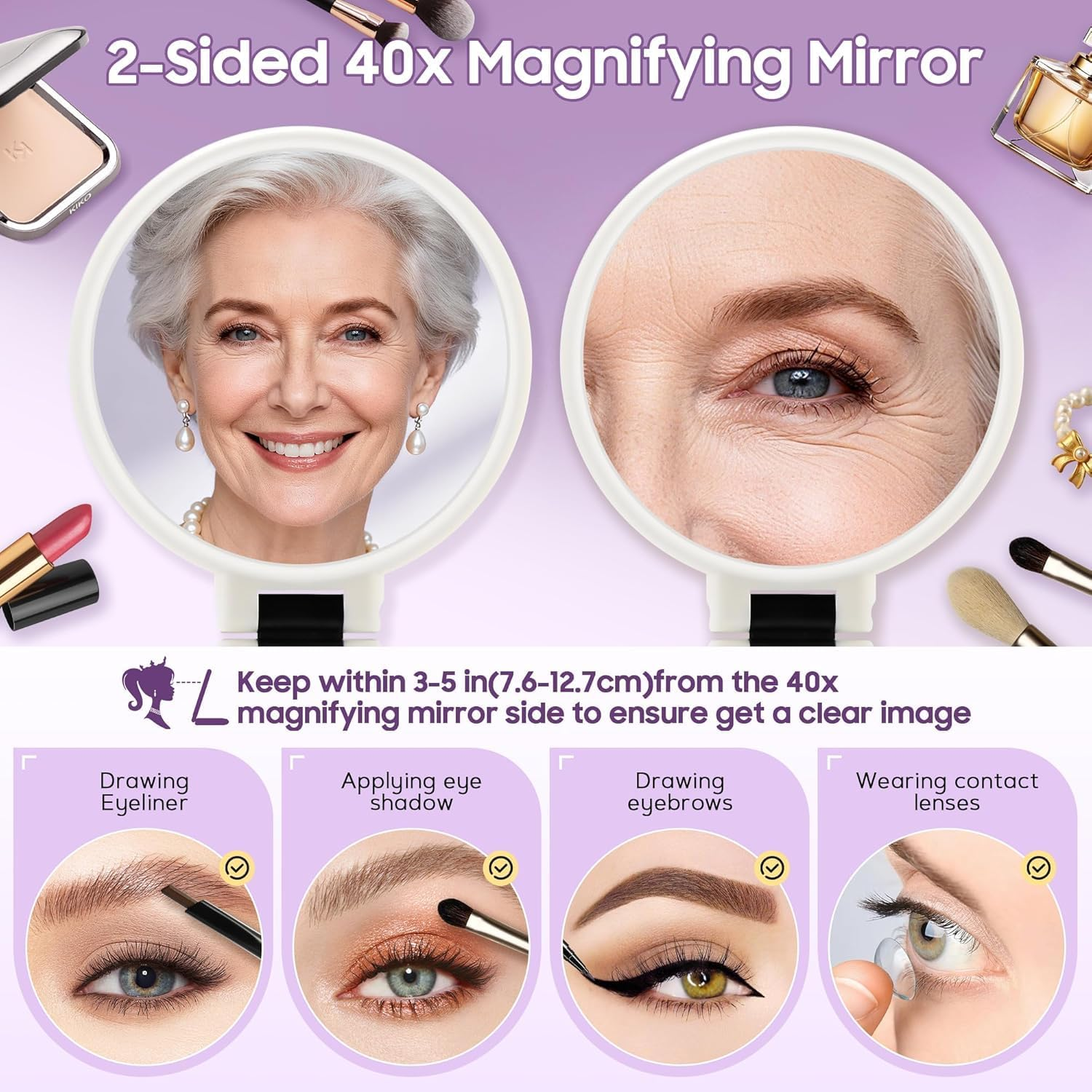 Valentine'S Day Gift 40X Magnifying Mirror &ndash; Double-Sided Hand Mirror with 40X/1X Magnification, Foldable & Portable Makeup Mirror for Travel, Eyebrow Plucking, Eyelash Application (White) - Black image number 4